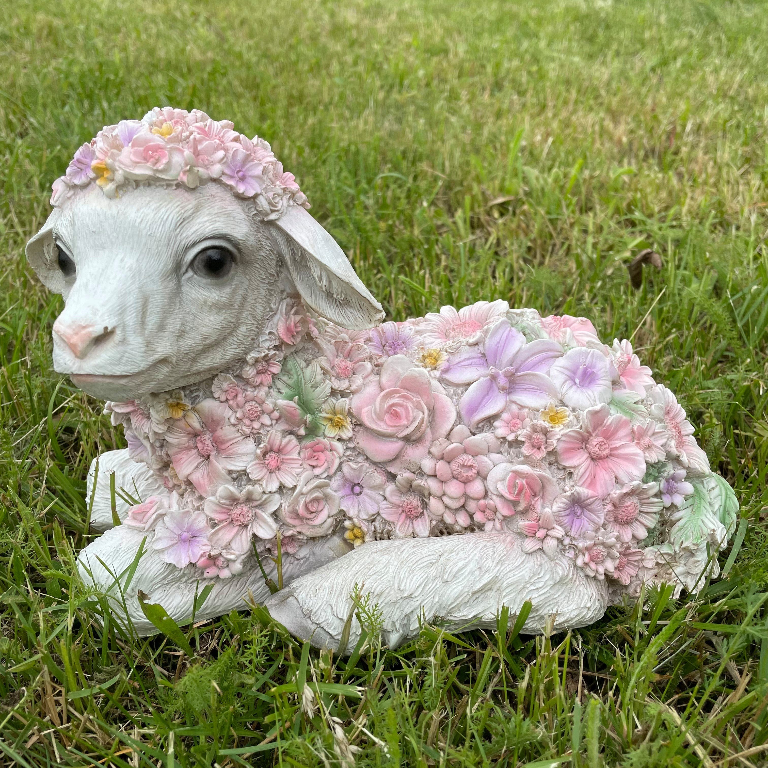 Online-Fuchs Gartenfigur süßes LIEGENDES SCHAF mit Blumen verziert Lamm Dek günstig online kaufen