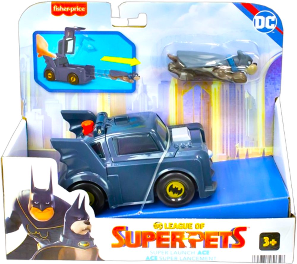 Fisher-Price® Spielzeug-Auto Fisher Price League of Superpets Figur Ace mit Batmobil, 23 x 20 x 9cm, (1-tlg)