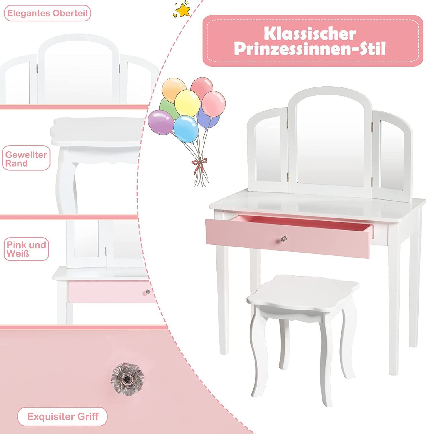 KOMFOTTEU Schminktisch Frisiertisch (Set), mit Weiß Spiegel & Schublade klappbarem dreifach