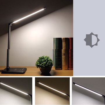AKKEE LED Schreibtischlampe Dimmbar Tischleuchte mit 10W Wireless Charging, USB Ladefunktion, mit 10 Helligkeits X 5 Farbstufen, Augenschonende, Dimmbar, LED fest integriert, Warmweiß, Schreibtischlampen für Schlafzimmer, Wohnzimmer, Arbeitszimmer