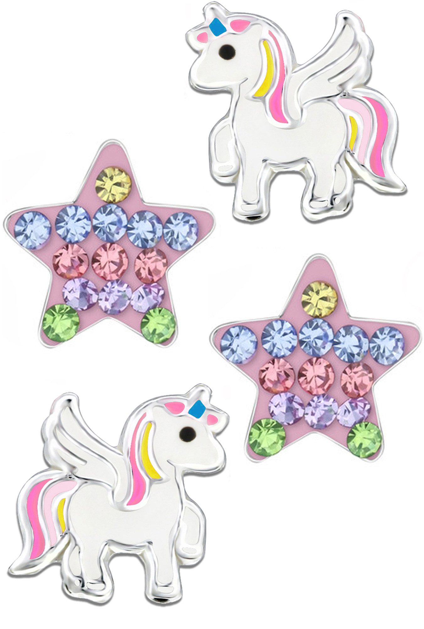 Limana Ohrstecker-Set Ohrringe echt 925 Silber Pferde Sterne Einhorn Kinderschmuck, Zirkonia Kristalle