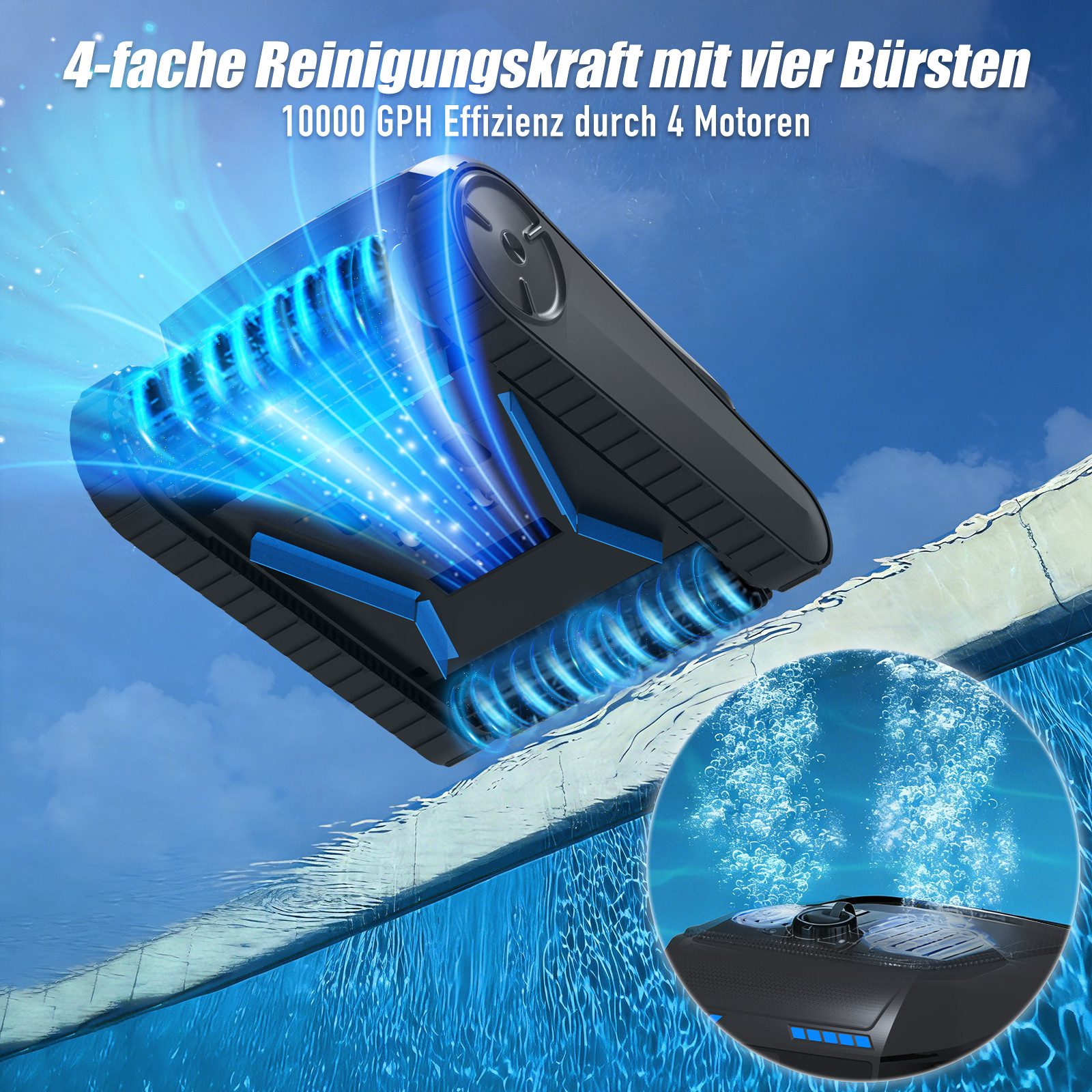 AIRROBO Poolroboter (2026Upgrade)kabelloser Poolroboter starker automatischer Poolreiniger, (für Boden & Wand & Wasserlinie, Geeignet für die meisten Schwimmbäder), groBer 4L Filterkorb, 150 Min Laufzeit, Zwei Jahre Garantie