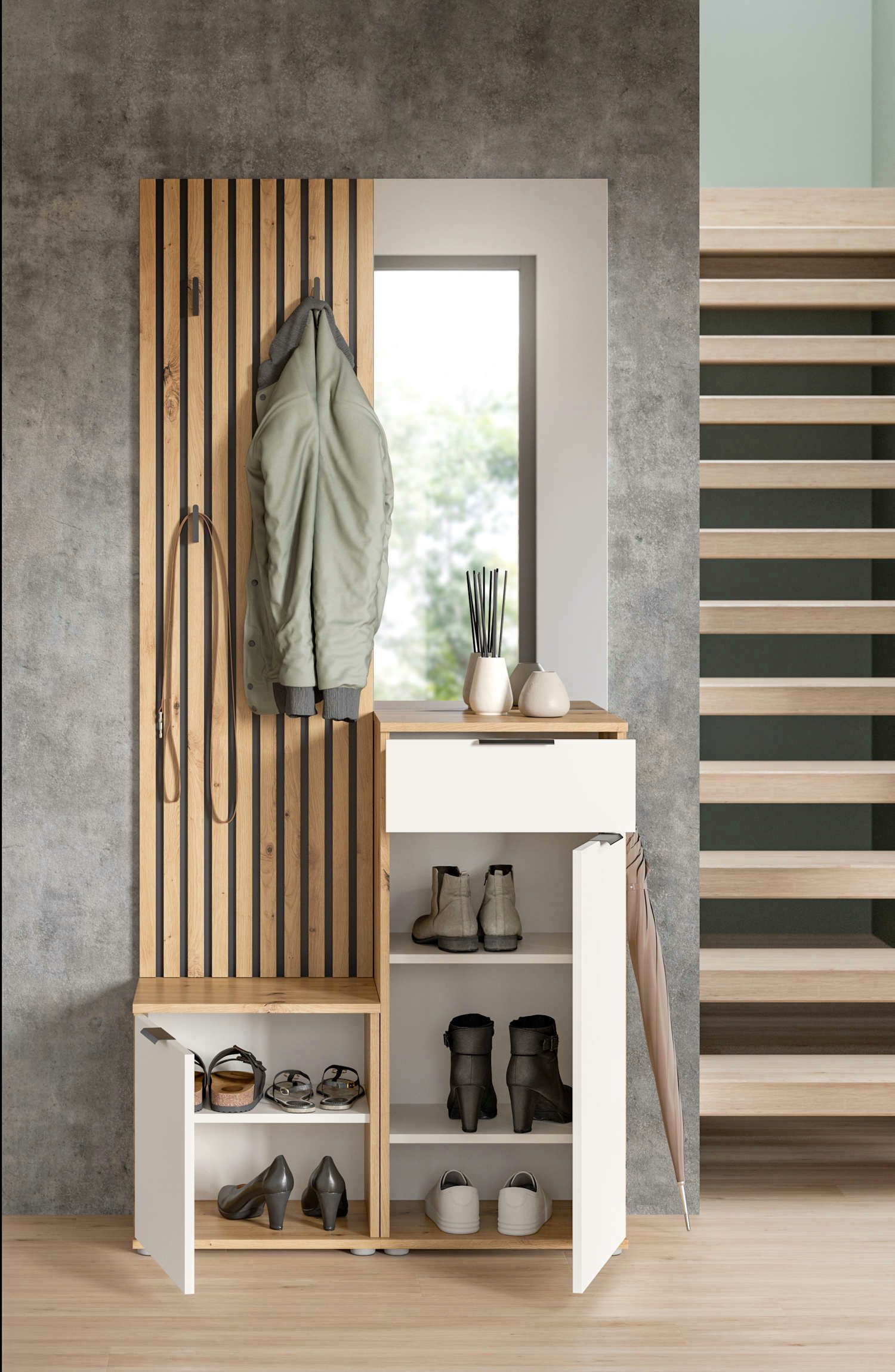 moebel-dich-auf Kompaktgarderobe EASY (Paneel + Bank + Spiegel + Schuhschrank, in 2 Farbvarianten, Lamellenoptik) 88 cm breit