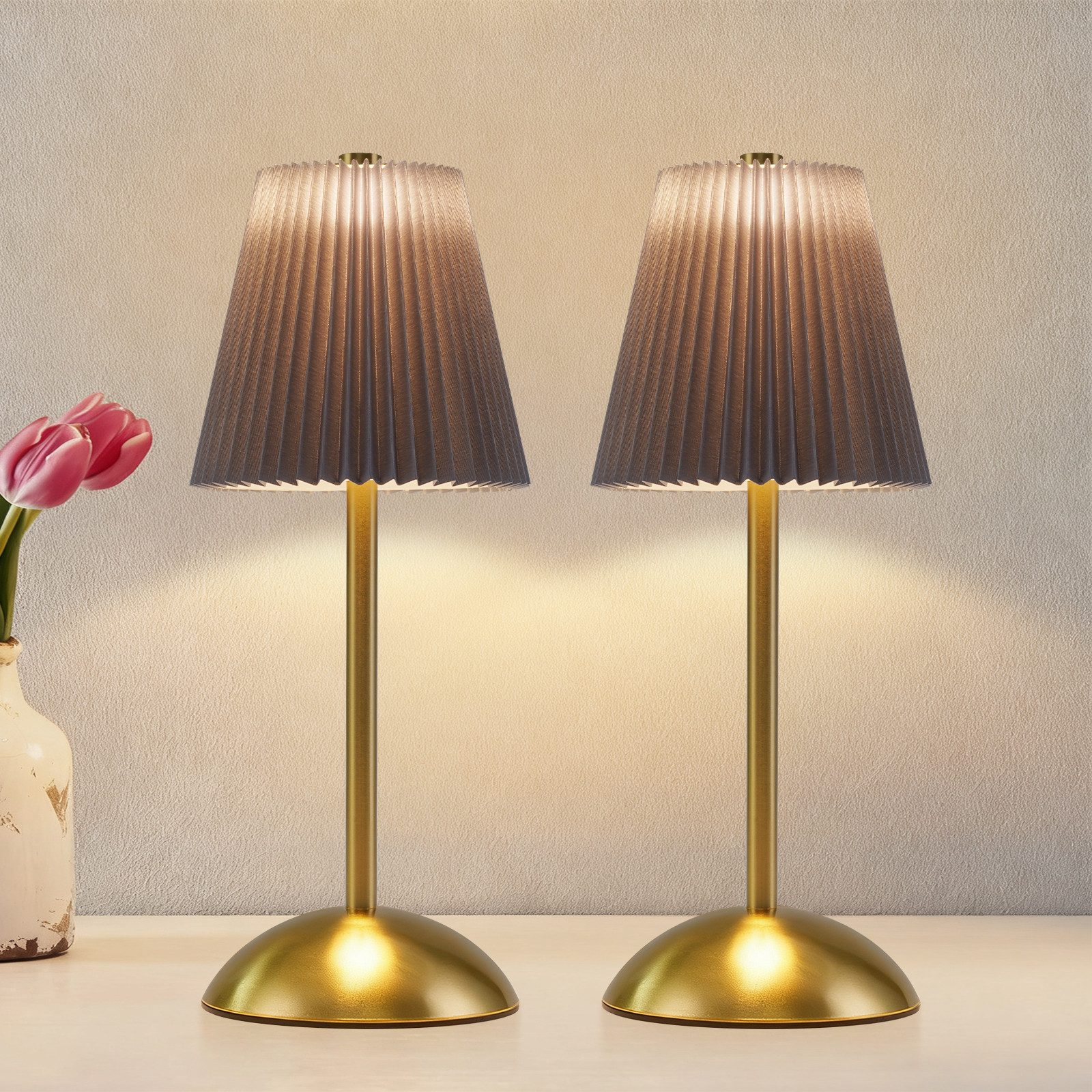 Nettlife LED Tischleuchte 2er Set Dimmbar Schwarz/Grün/Weiß/Orange/Graublau Stoff Design, 3 Lichtfarben Akku-Betrieb USB-ladbar, Schlafzimmer Wohnzimmer Arbeitszimmer Büros Eingangsbereiche