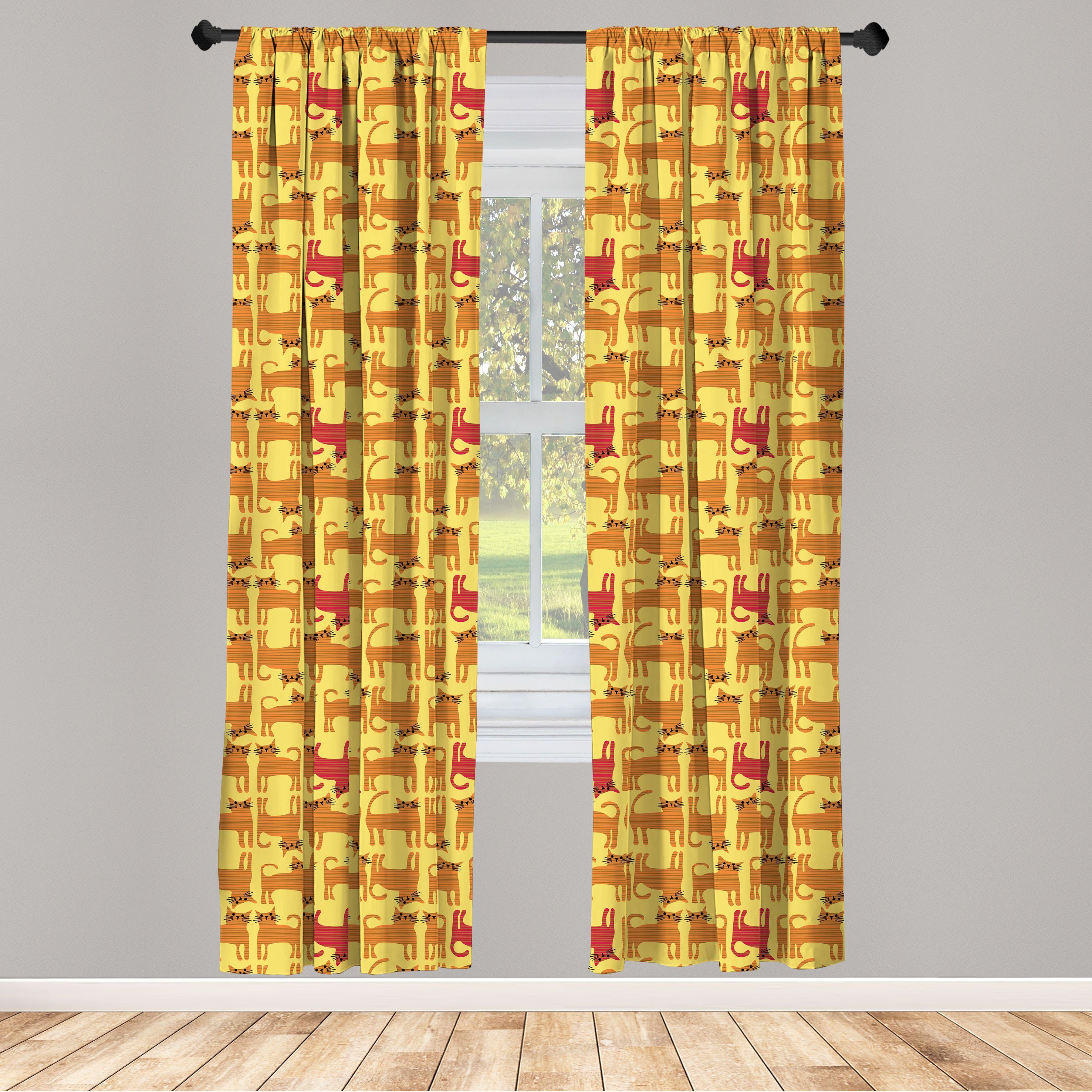 Gardine Vorhang für Wohnzimmer Schlafzimmer Dekor, Abakuhaus, Microfaser, Kätzchen Gestreifte und Tangerine Katzen | Fertiggardinen