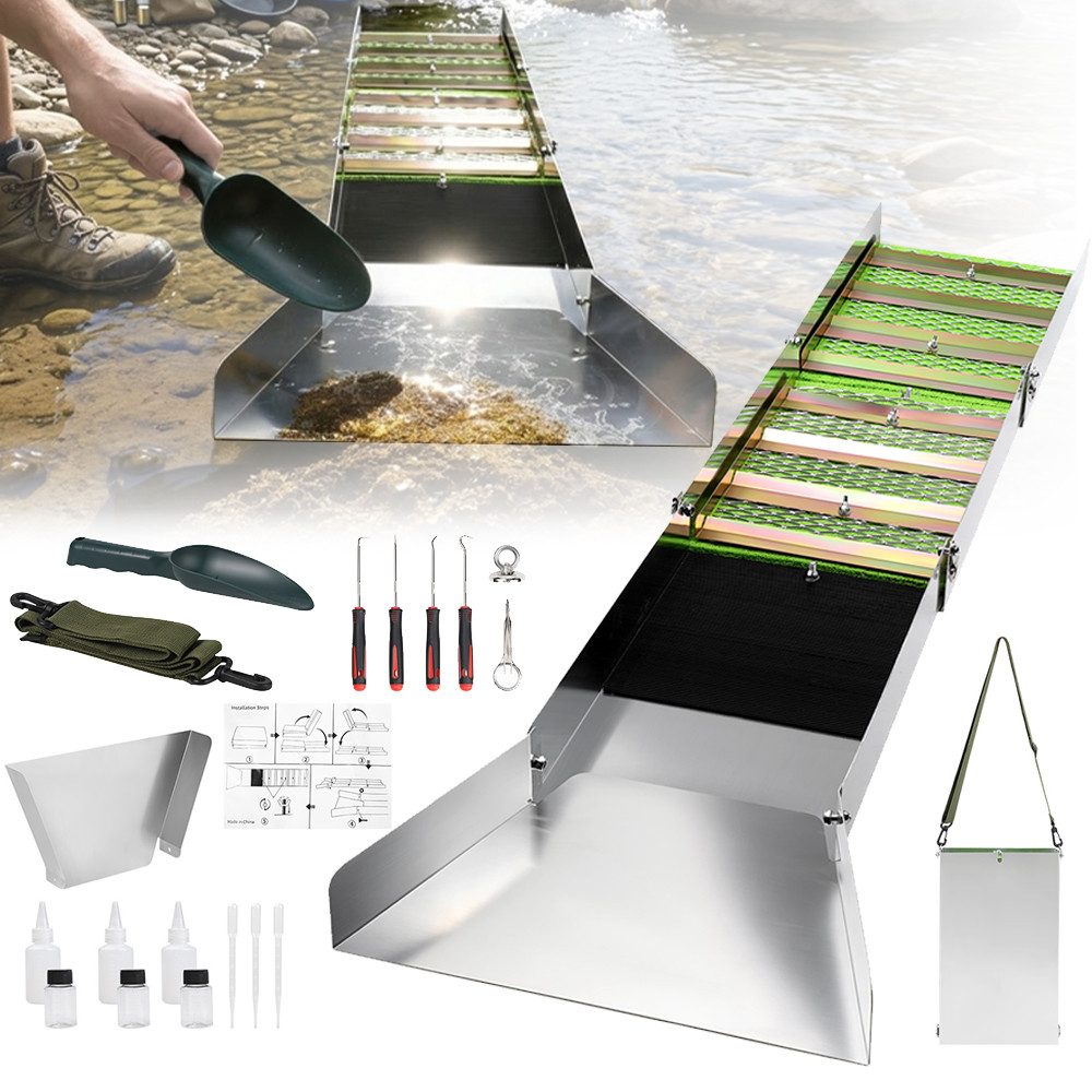 PRIISF Waschbecken Goldwaschrinne Faltbar Sluice Box Goldwaschpfanne Goldwasch Equipment (127cm Aluminium Goldwaschset mit Tragegurt Moosmatte Schaufel Zubehör, 18-St., Goldsucher Auswaschrinne 50" Profi Goldwannenbecken Gold Sluicebox), Tragbare Goldsuchrinne Gold Waschanlage für Fluss & Bach, Silber