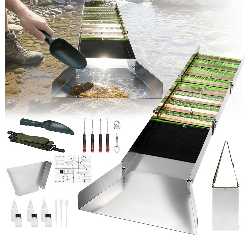 PRIISF Waschbecken Goldwaschrinne Faltbar Sluice Box Goldwaschpfanne Goldwasch Equipment (127cm Aluminium Goldwaschset mit Tragegurt Moosmatte Schaufel Zubehör, 18-St., Goldsucher Auswaschrinne 50" Profi Goldwannenbecken Gold Sluicebox), Tragbare Goldsuch
