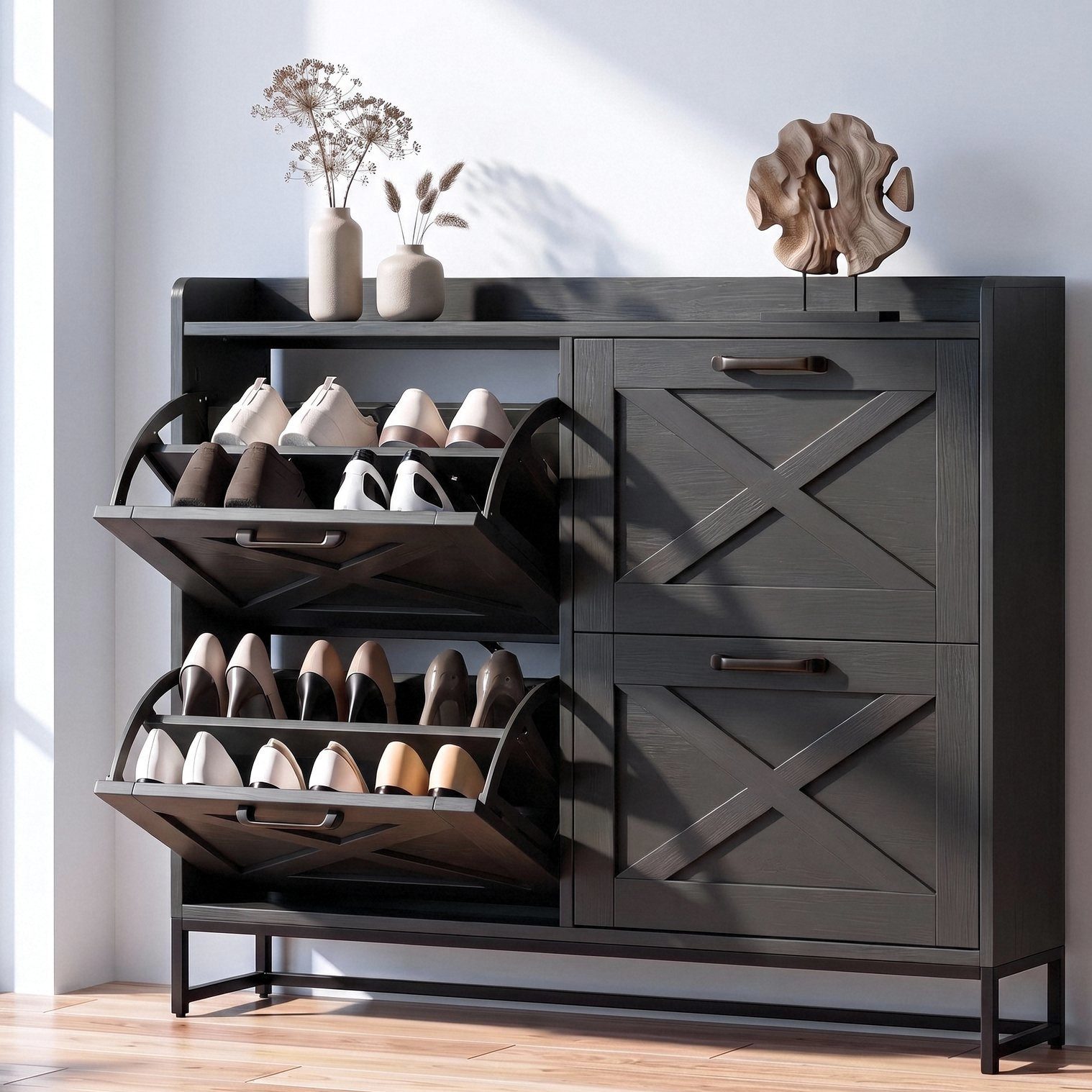 VOWNER Schuhschrank Landhaus Dielenschrank mit 4 Klappfächern, 120 × 24 × 100 cm (1-St) Schmale Schuhkommode, platzsparend für Diele und Flur