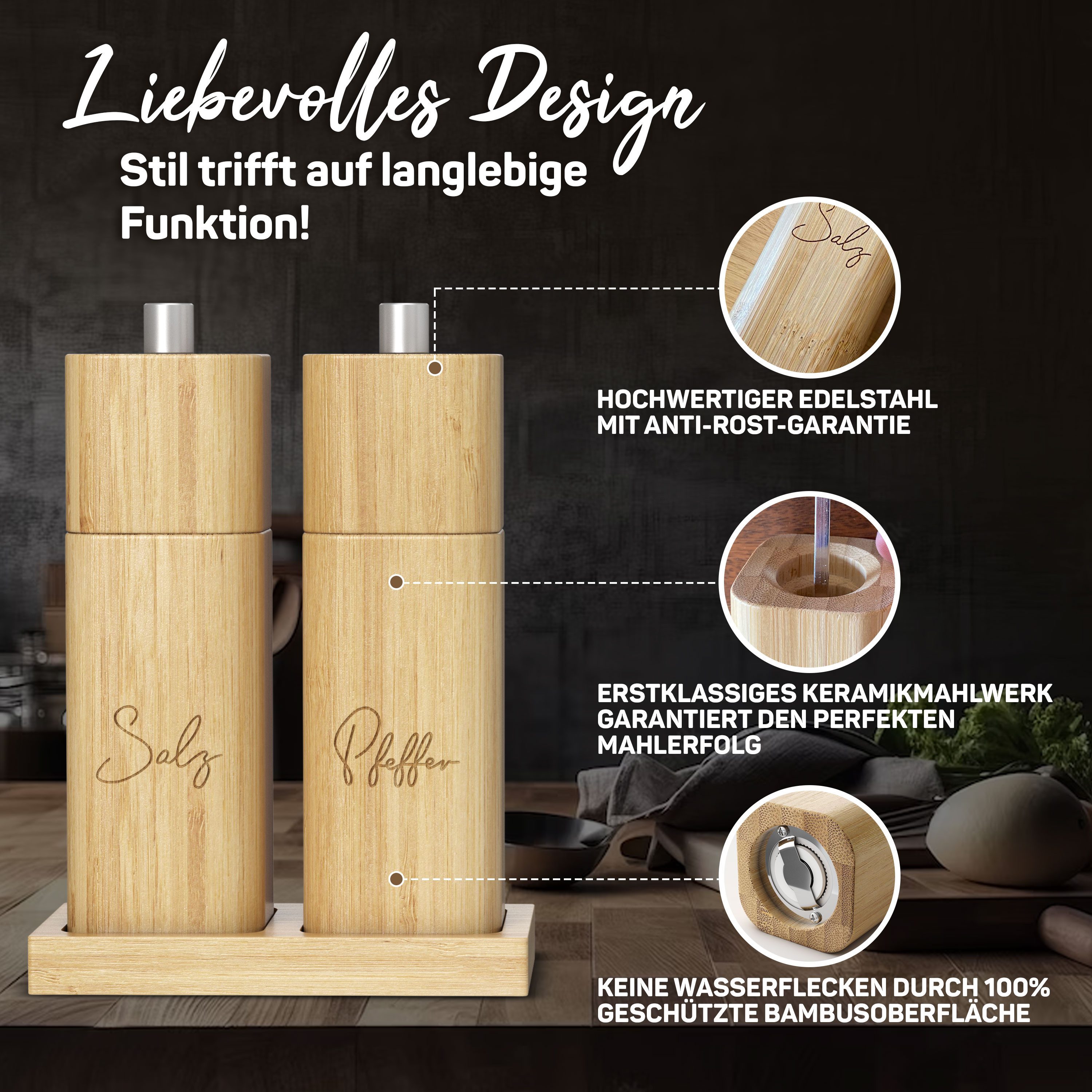 ElbFuchs Salz-/Pfeffermühle manuell, (2 Stück), verstellbarer Mahlgrad, Keramikmahlwerk, Gewürzmühle mit Untersetzer