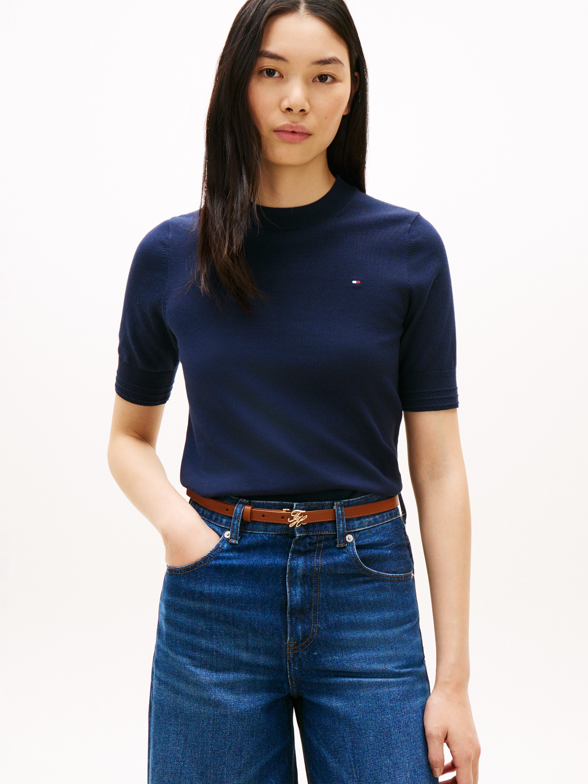 Tommy Hilfiger Kurzarmpullover CO JERSEY FINE GG C-NK SS SWT Baumwollmischung, Regular Fit