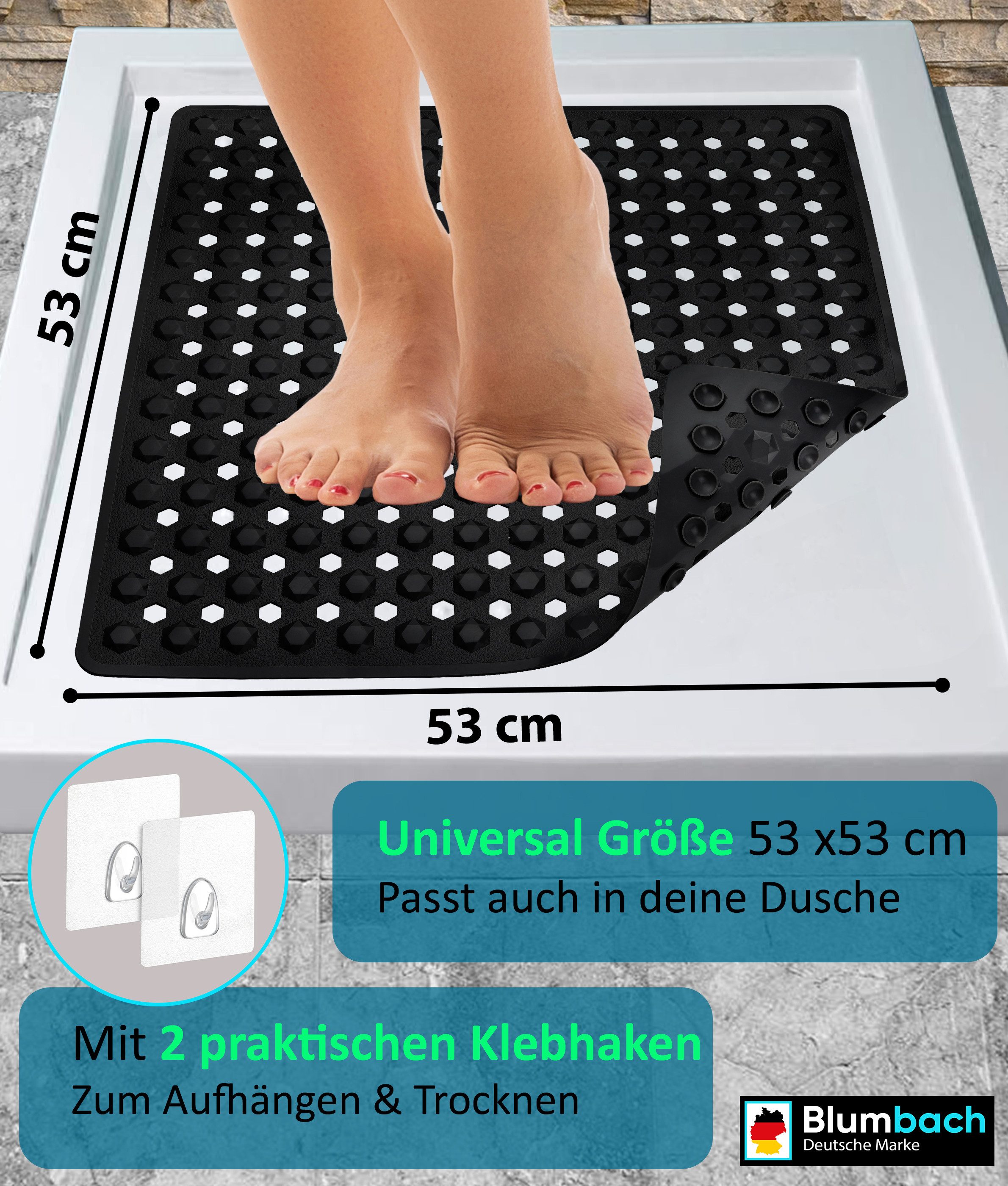 Blumbach Duschmatte - griffige Antirutschmatte Diamant 53 x 53 cm, - 100% BPA-frei, inkl. 2 Haken zum Aufhängen, Duscheinlage, schimmelressisten & maschinenwasc – Bild 3 von 5