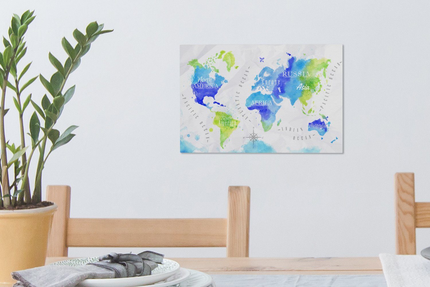 OneMillionCanvasses® Leinwandbild Weltkarte - Aquarell cm - Aufhängefertig, 30x20 Wandbild - Blau, (1 Wanddeko, Leinwandbilder, Grün St)