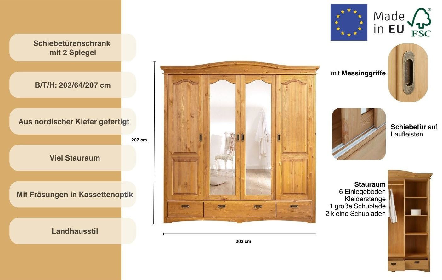 OTTO home Schiebetürenschrank Konrad, Landhausstil, rustikal, mit Schubladen + Spiegel, Kassetten (B/H/T ca. 202 cm x 207 cm x 64 cm) massive Kiefer, FSC®-zertifiziert, Messinggriffe