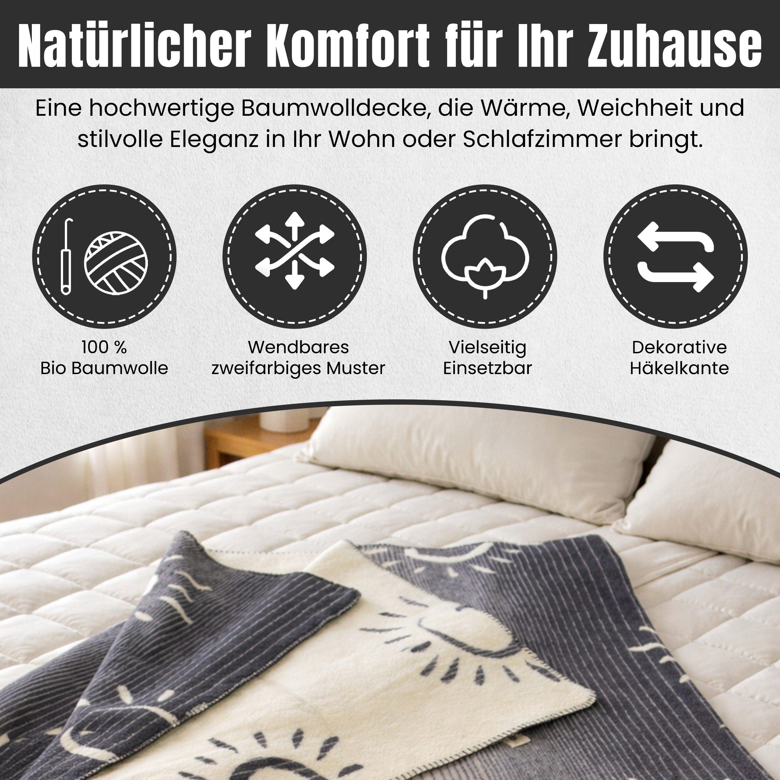 geborgenschlafen Tagesdecke Kuscheldecke SONNENGRUß - Bio-Baumwolle, mit Häkelkante - GOTS zertifiziert