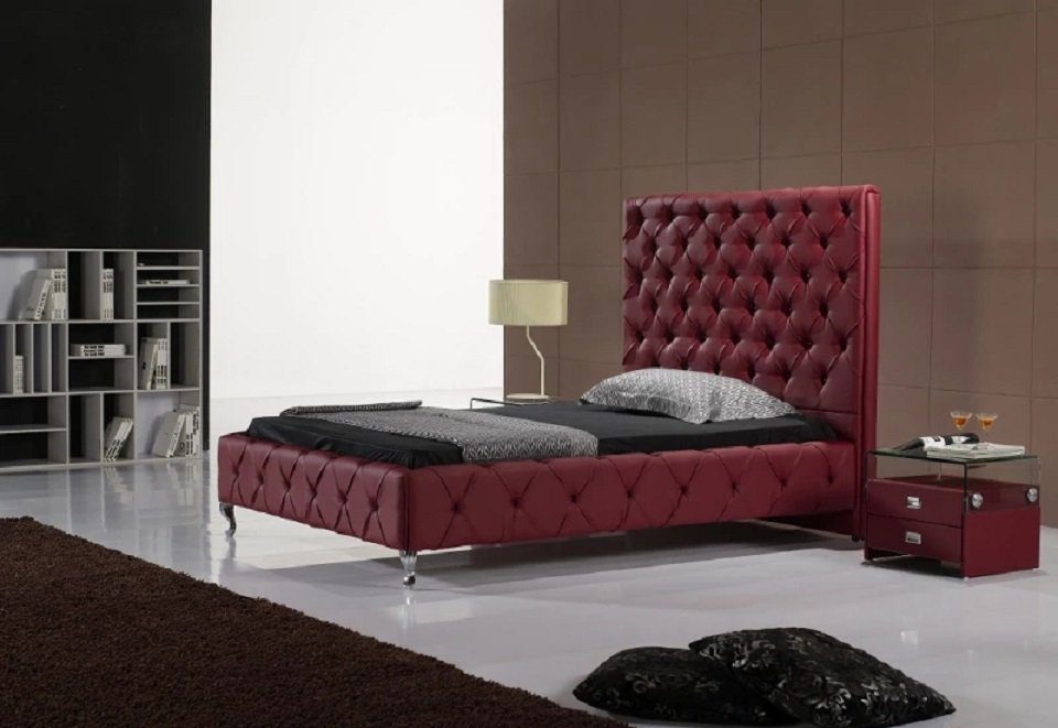 Hotel Chesterfield Zimmer Betten Rot Leder JVmoebel Schlaf Designer Bett Bett Doppel