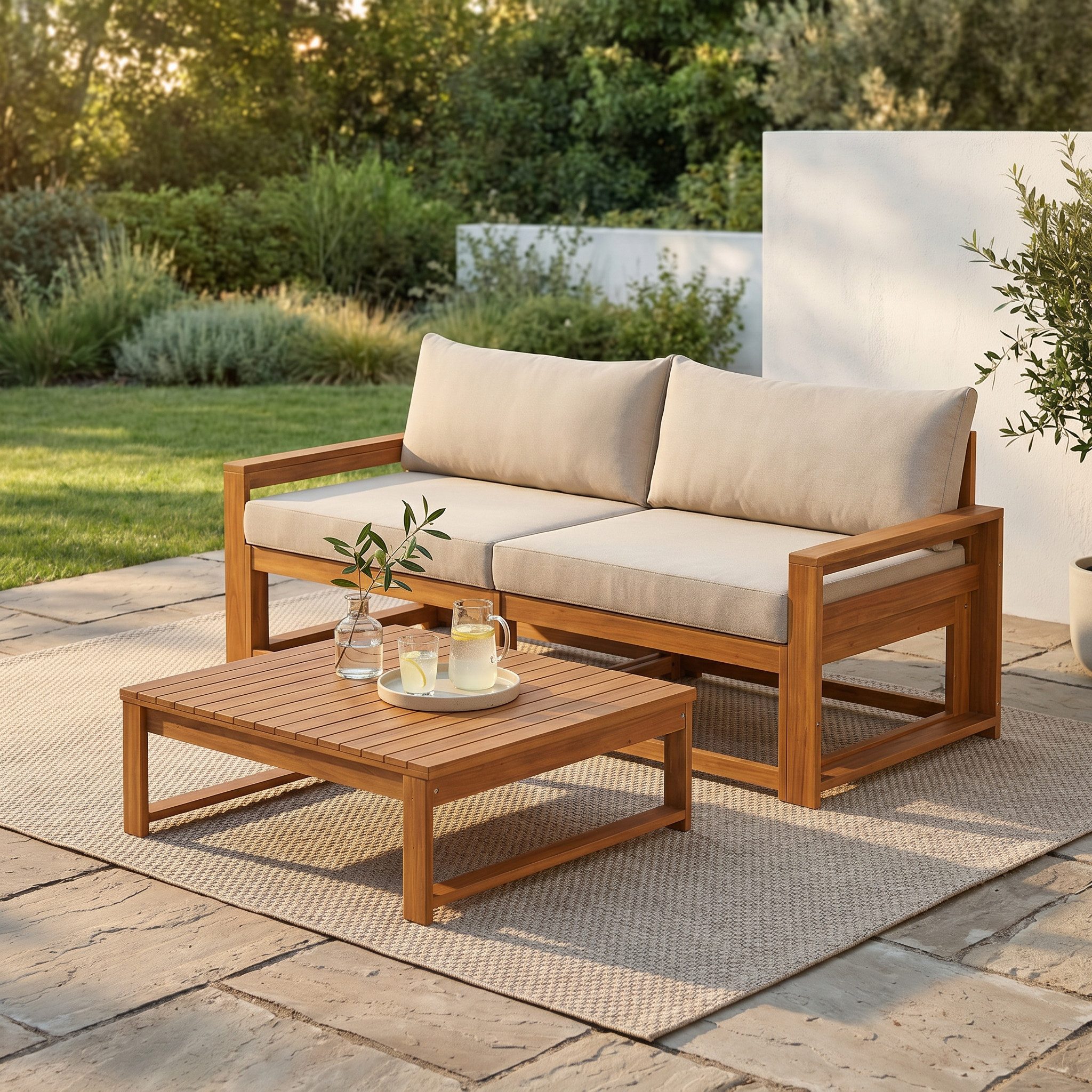 STEELSØN Gartenlounge-Set Mizaru modulares Sofa-Set aus hochwertigem Akazienholz, (Sofabank, mit Tisch), Outdoor Sitzgruppe inkl. Auflagen, vielfältige Stellmöglichkeiten