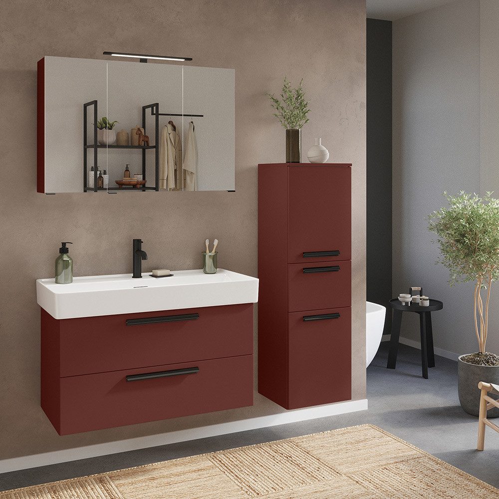 Lomadox Badmöbel-Set ATELLA-03, (Spar-Set, 3-St., Waschtisch Spiegelschrank Midischrank), in rot, 100 cm Breite, Keramik-Waschbecken, 3-türig