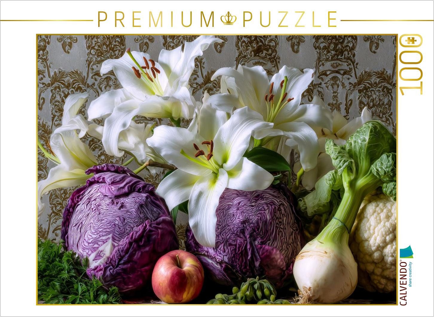 CALVENDO Puzzle CALVENDO Puzzle Stillleben in Weiß und Lila mit Lilien und Rotkohl, 1, 1000 Puzzleteile