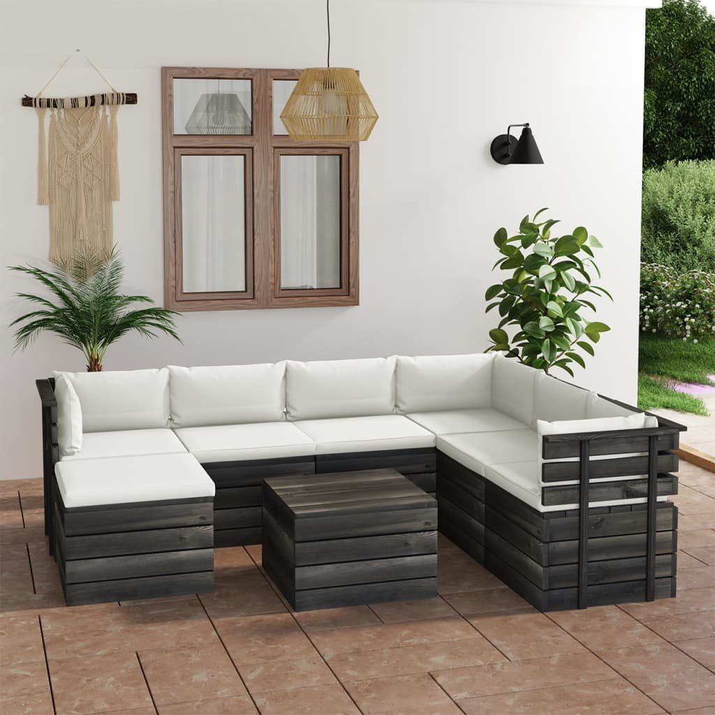 vidaXL Gartenlounge-Set 8-tlg. Garten-Sofagarnitur aus Paletten mit Kissen Kiefernholz, (8-tlg) Creme