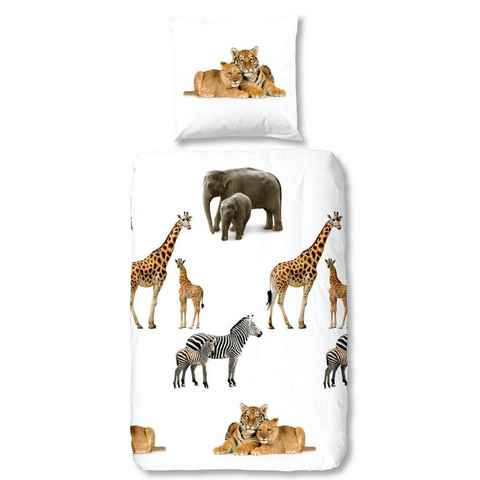 Bettwäsche Young Wild White, good morning, Flanell, 2 teilig, Safari, Elefant, Giraffe