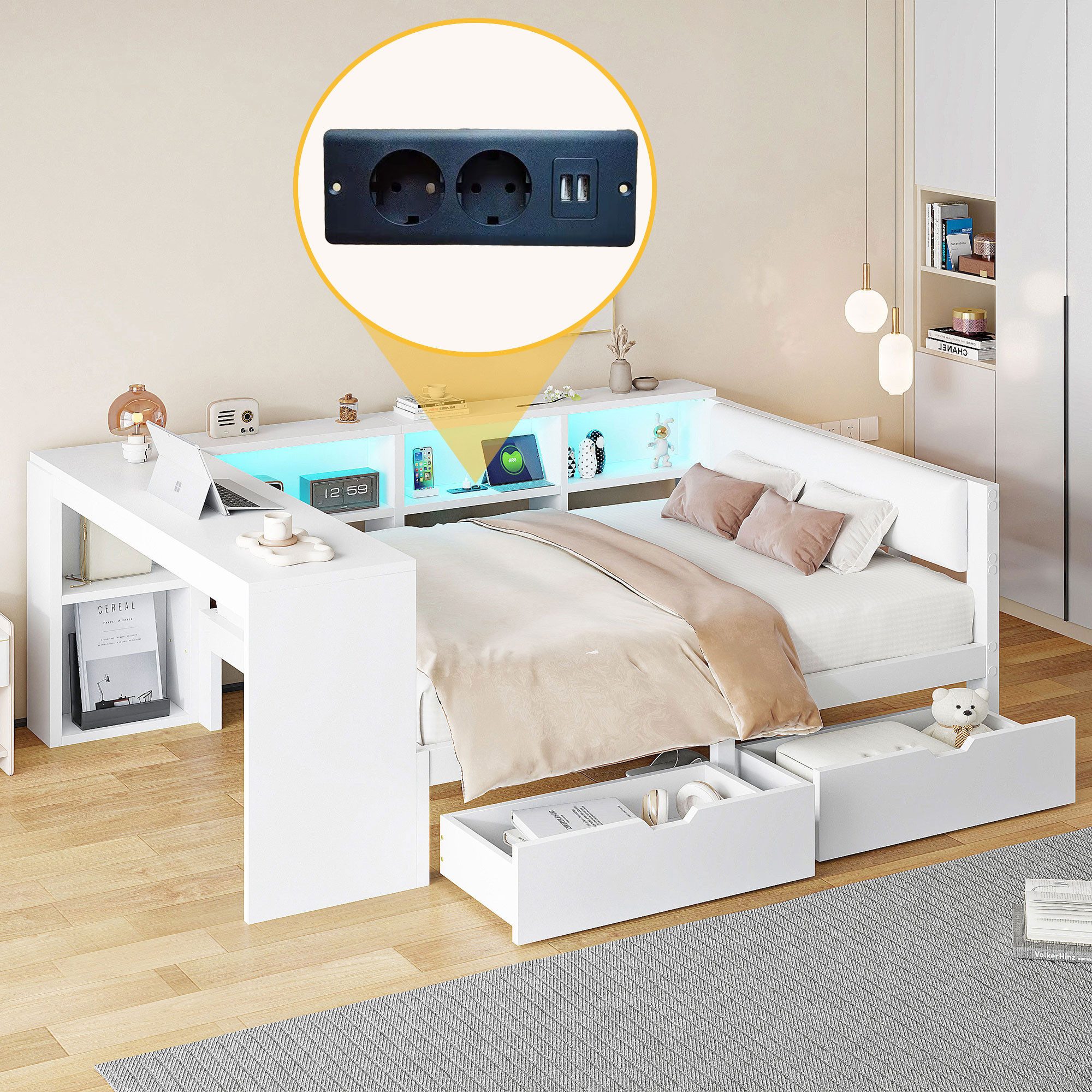 REDOM Stauraumbett Funktionsbett,Einzelbett,Kinderbett,Jugendbett (Holz-Plattformbett mit LED-Licht, Stauraum, Schubladen & Ladestation – Gepolstertes Kopfteil, modernes Design für Schlafzimmer, Jugendzimmer & Gästezimmer, 140x200), mit Ablageflächen, Schubladen,Mit bunten LED-Leuchten
