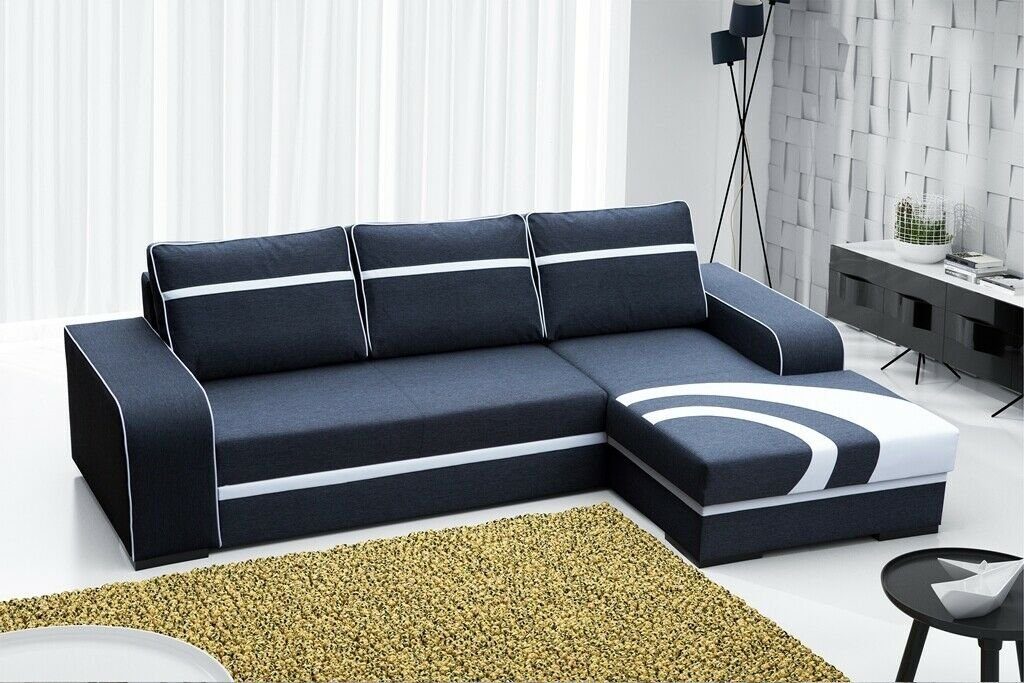 JVmoebel Ecksofa Schlafsofa Eck Sofa Couch Bettfunktion Polster Eck Garnitur, Mit Bettfunktion Blau/Weiß