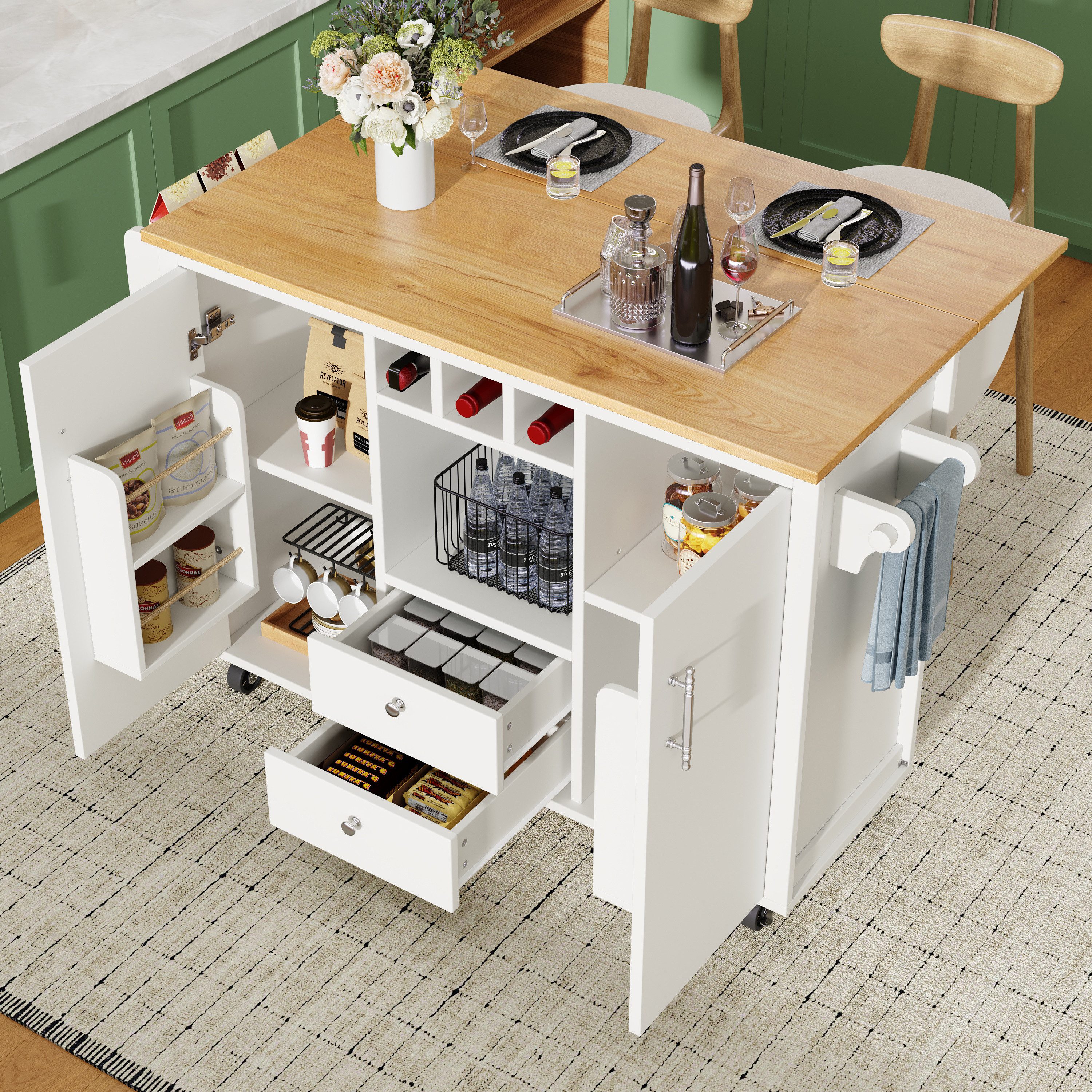 BBWL Buffet Kücheninsel Buffetschrank auf Rollen mit klappbarer Arbeitsplatte MDF Metall Küchenschrank mit Weinregal Stauraum weiß schwarz