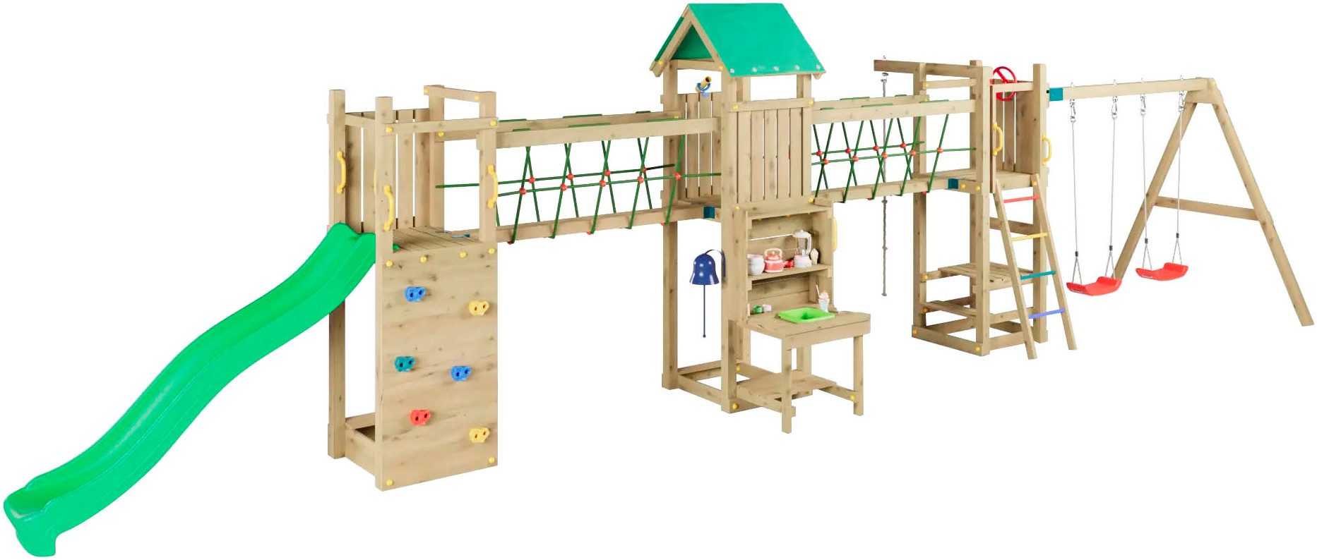 FUNGOO Spielturm Maxi Funny Space Longer, mit Rutsche, Doppelschaukel, Kletterwand, Picknicktisch; Made in Europe, FSC® - schützt Wald