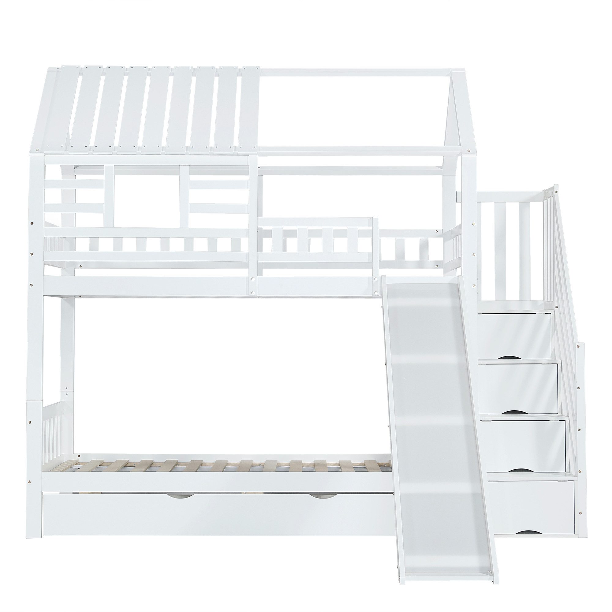 Kinderbett Etagenbett mit Treppe und Rutsche Hausbett Hochbett mit Dach Weiß