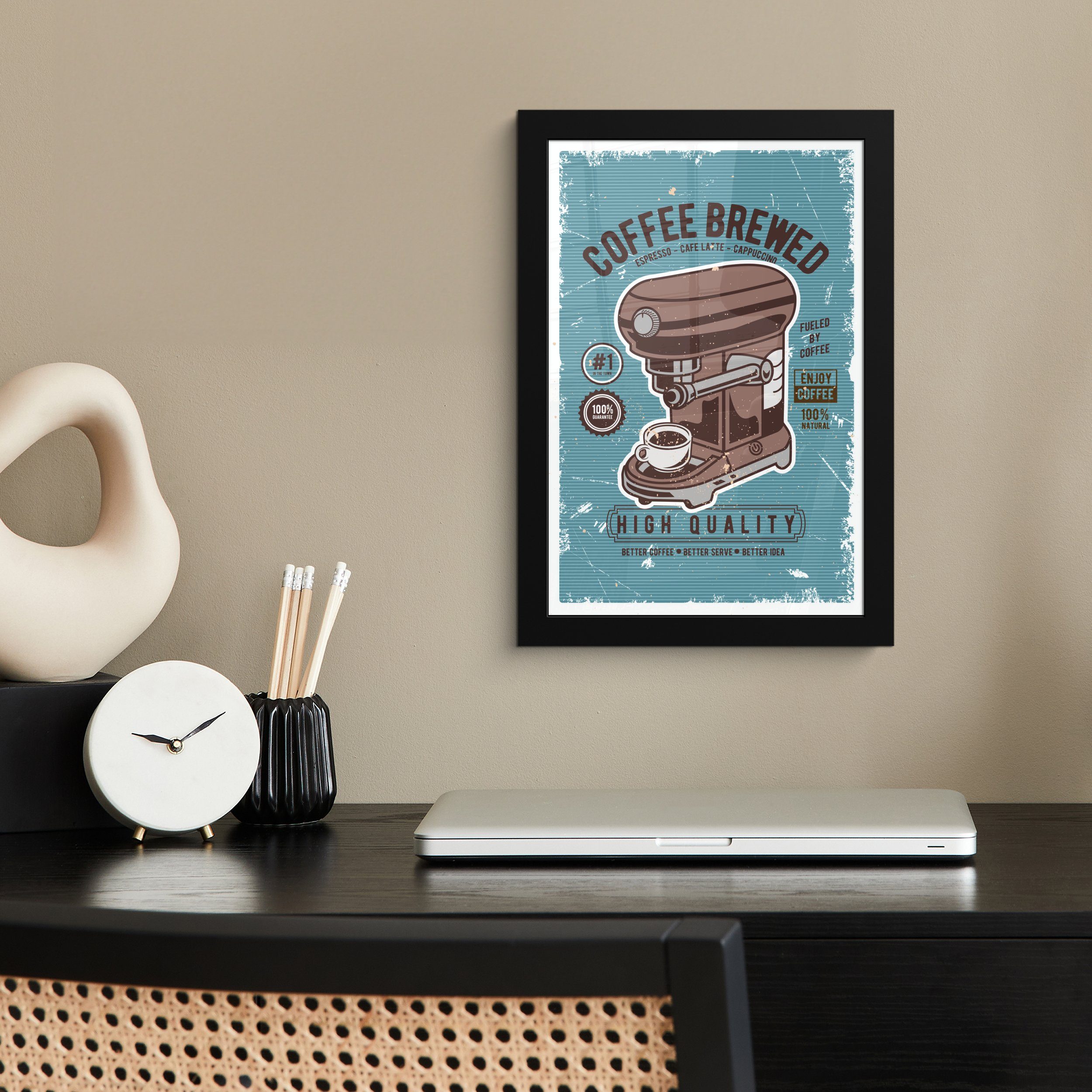 MuchoWow Poster Kaffeemaschine - Kaffee - Retro - Zeichnung, (1 St), Gerahmtes Poster, Wanddeko, Bilder, Wandposter, Schwarzem Bilderrahmen