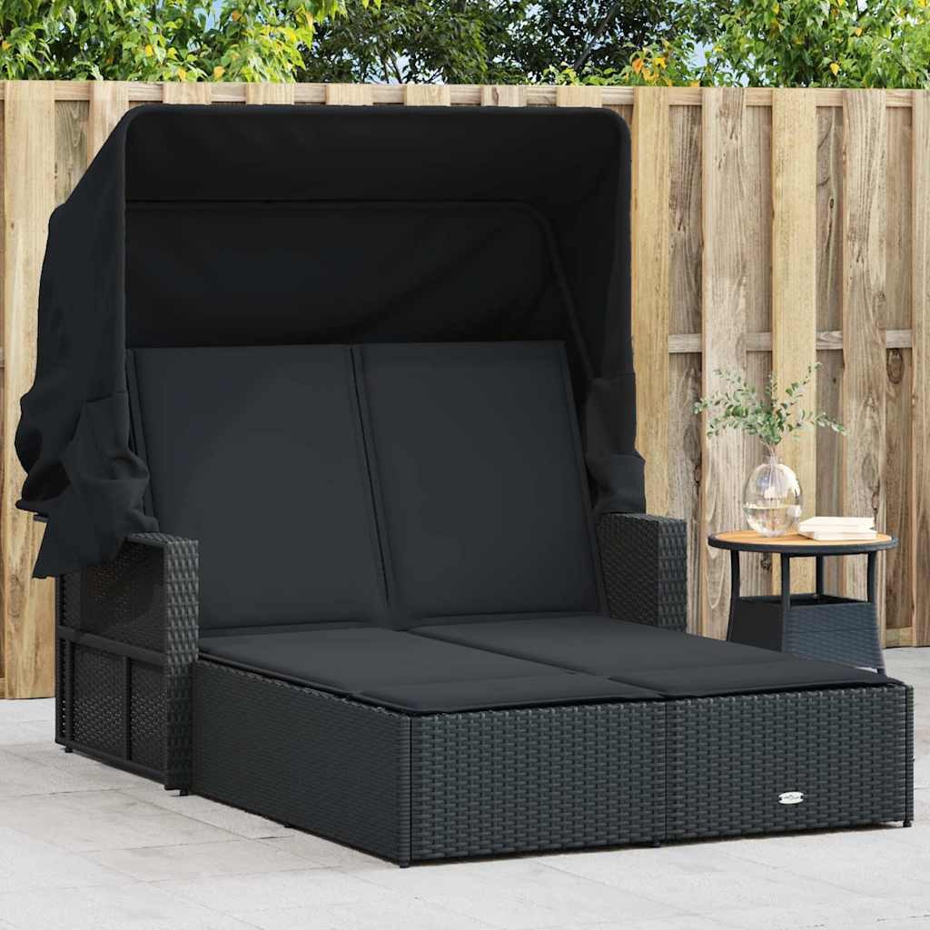 vidaXL Gartenliege Doppel-Sonnenliege mit Dach und Auflagen Schwarz Poly Rattan, 1 St.
