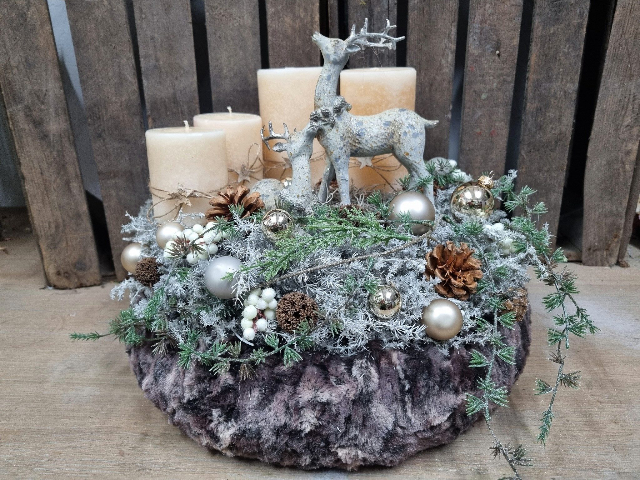 Annimuck Adventskranz Adventskranz Hirsche Vintage D40 cm Doppelkranz creme grau