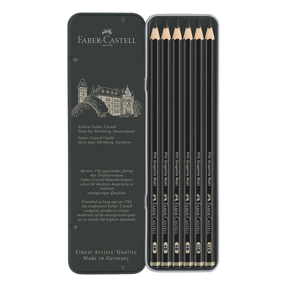 Faber-Castell Bleistift 6er-Set, 4B, 12B, Radiergummi 10B, ohne 6B, Pitt Graphite, 8B, 2B