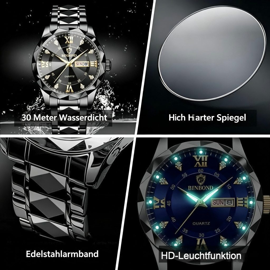 Fyrove Quarzuhr Herrenuhr 43 mm mit Edelstahlarmband, (Multifunktionsuhr mit Datum & Wochentag, Leuchtzeigern), Mineralglas, 3 ATM, analog, Business Armbanduhr