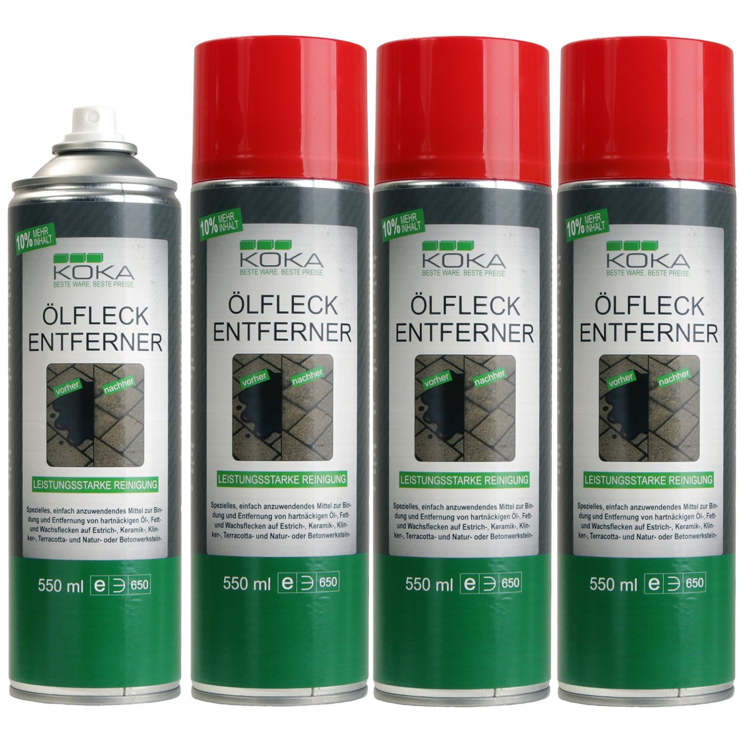 KOKA 4x Ölfleck-Entferner 2,2 L Spray Öl Fleckentferner Steinbodenreiniger (Set, [- 4x Spraydose Bindemittel Ölfleckentferner Öl Ex Pflaster Fliesen Beton Naturstein)