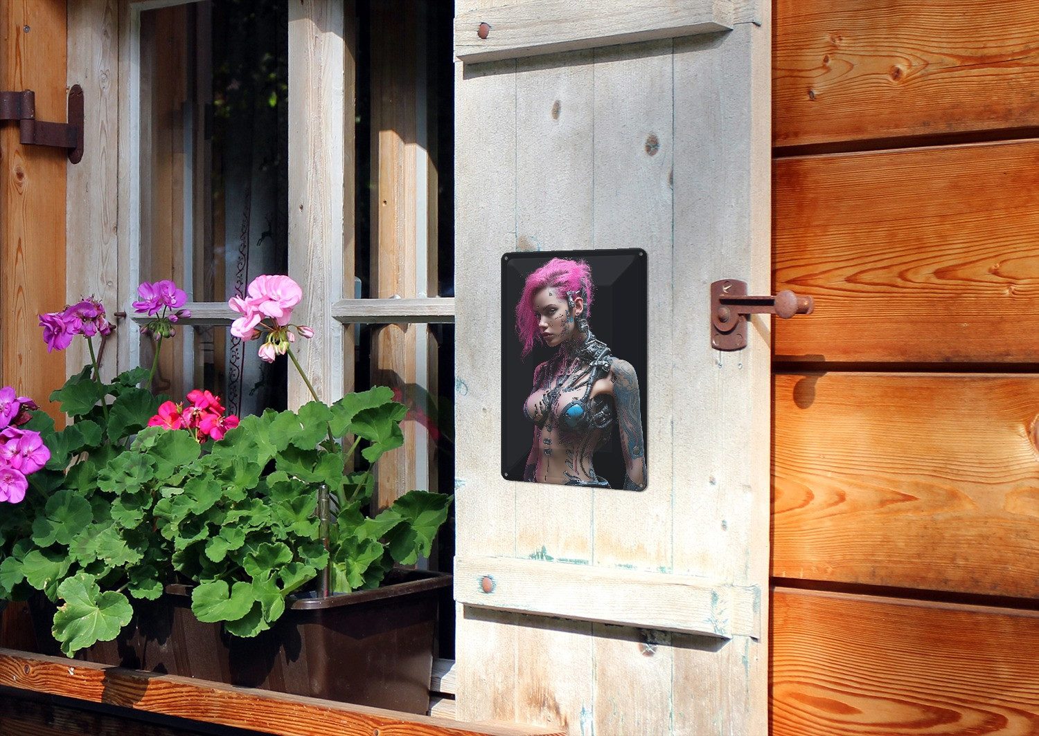 Wallario Metallbild, Cyborg mit pinkem Flair, in verschiedenen Ausführungen