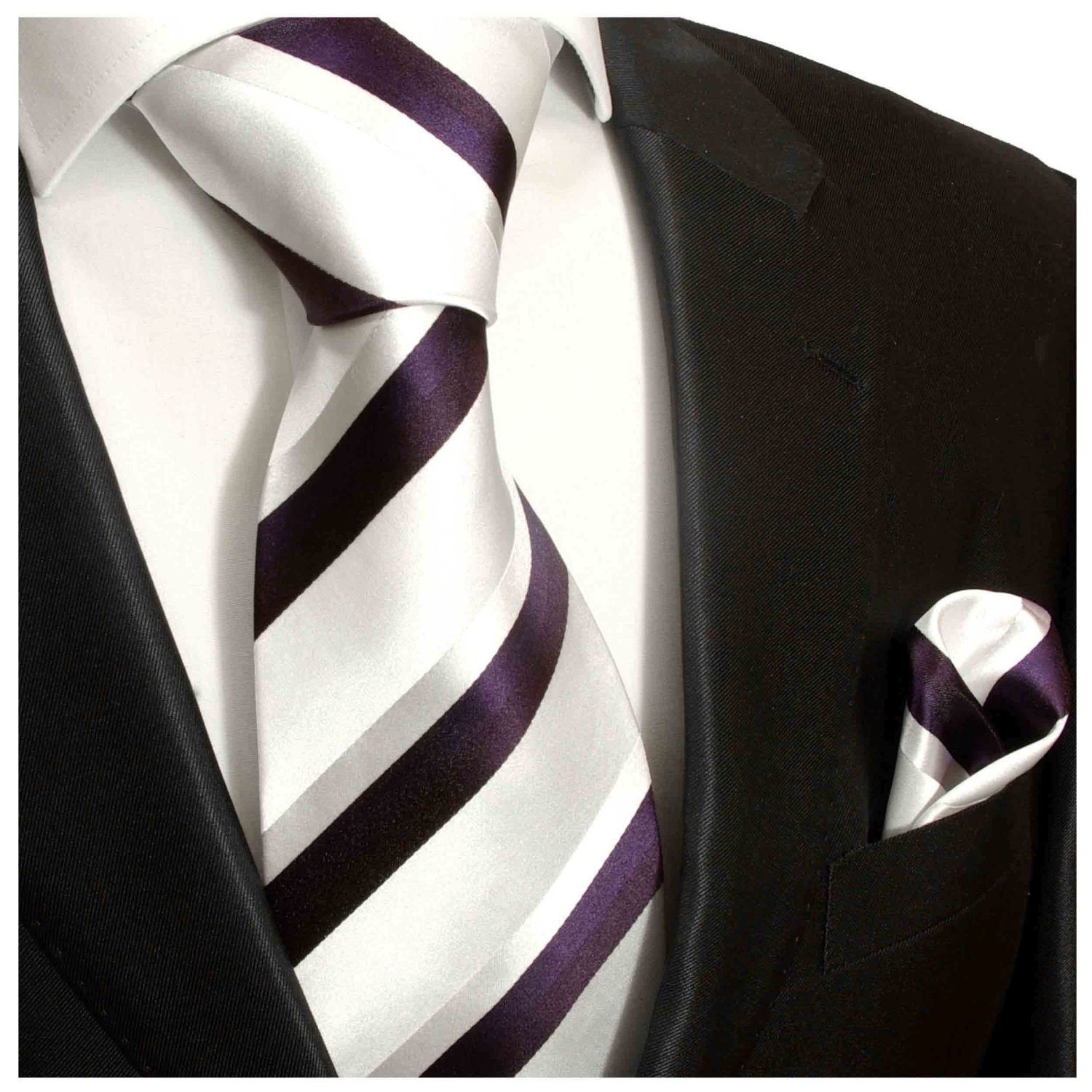 Paul Malone Krawatte Herren Seidenkrawatte und Tuch gestreift 100% Seide (Set, 2-St., Krawatte mit Einstecktuch) Schmal (6cm), weiß silber lila 944