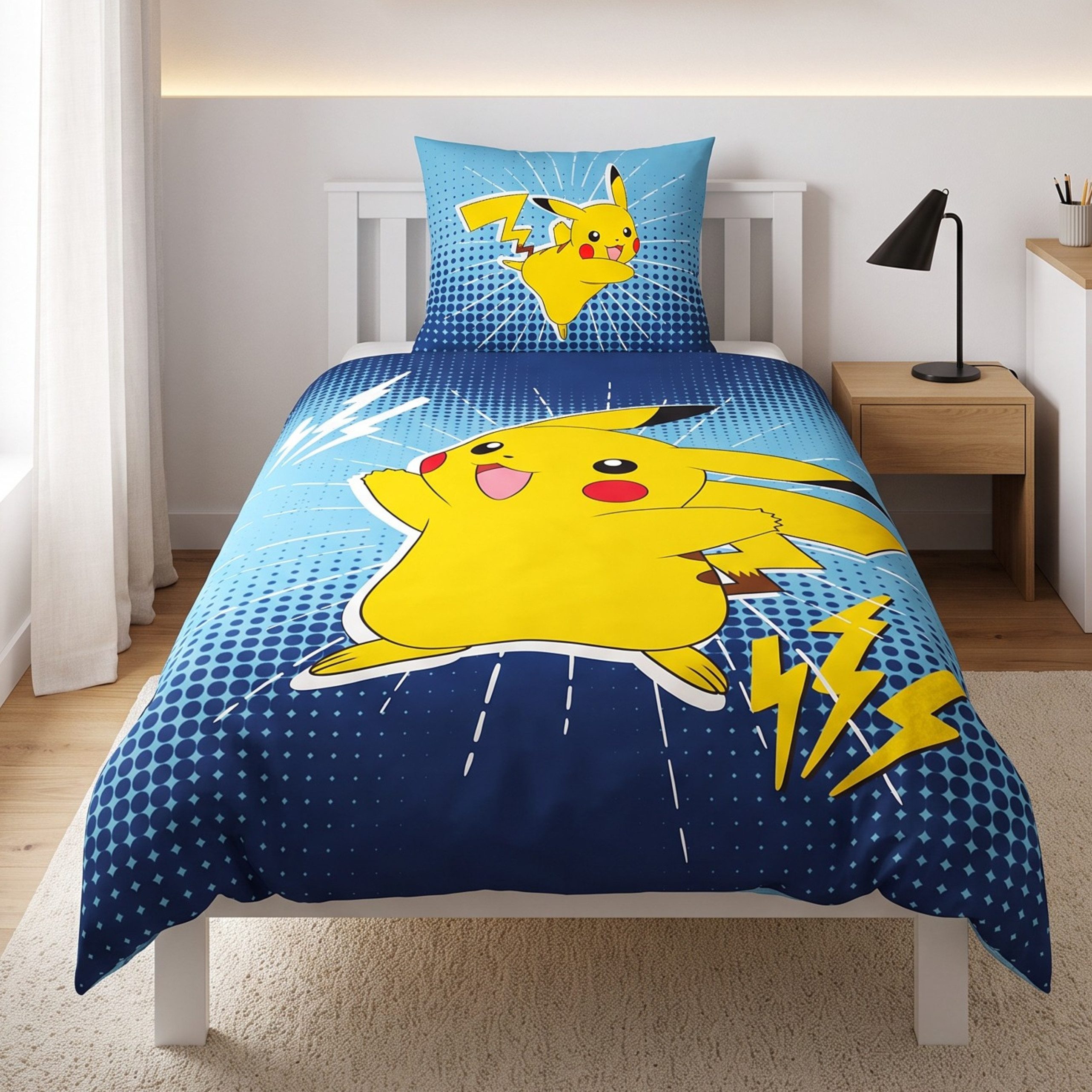 MTOnlinehandel Bettwäsche Pika Power Pokemon 135x200 + 80x80 cm, Pikachu, Microfaser, 2 teilig, Geschenkidee für Mädchen und Jungen, Wende-Motiv