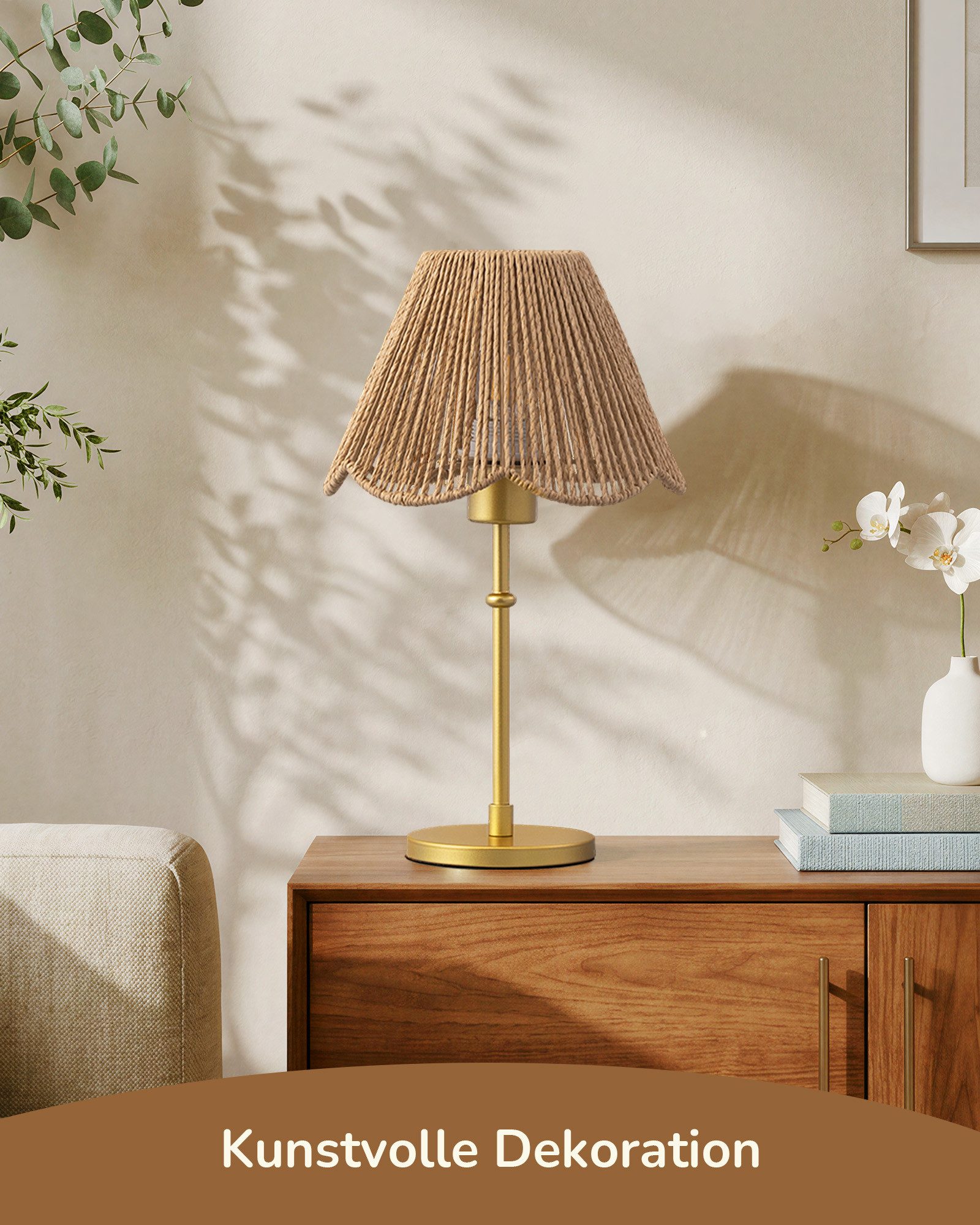 EDISHINE Nachttischlampe EDISHINE Nachttischlampe mit handgeflochtenem Papierseil-Schirm, LED wechselbar, Warmweiß, Gold Inklusive 4W LED mit 2700K Warmweiß