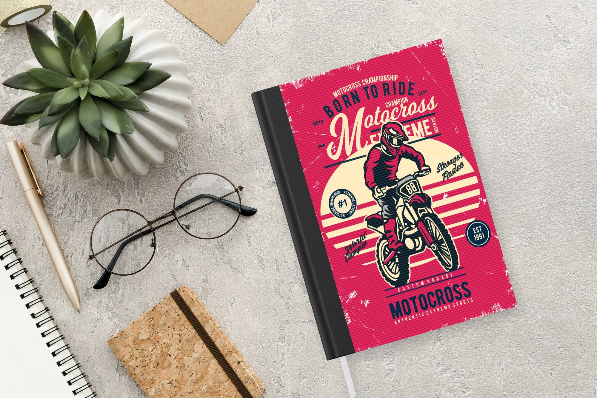 Motocross Tagebuch, A5, Vintage Merkzettel, 98 MuchoWow Notizbuch - Haushaltsbuch Seiten, Angebot, Journal, Notizheft, -