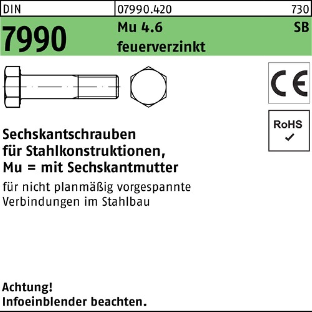 Reyher Sechskantmutter 100er Pack 079904200270080 Sechskantschraube DIN 7990 CE m.Sechskantmu