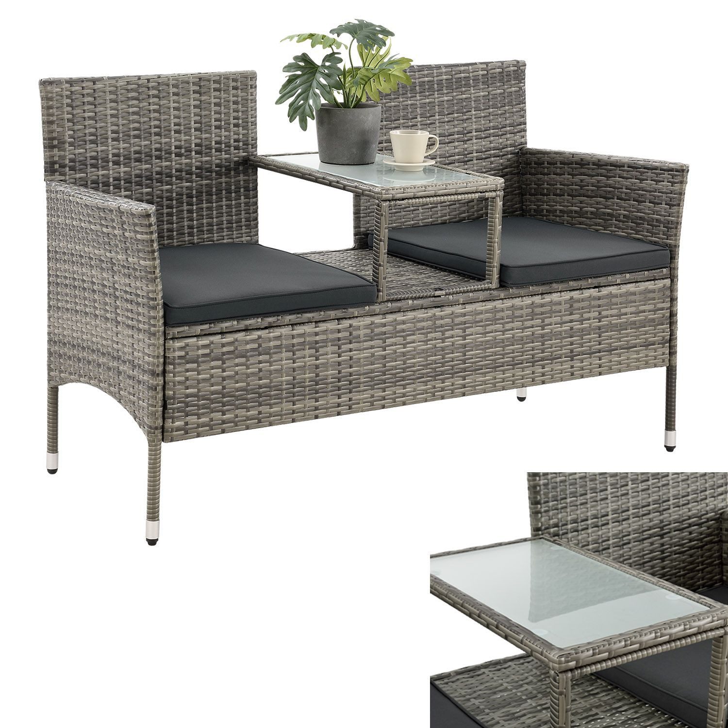 Juskys Balkonset Monaco, Balkonmöbel in Rattan-Optik, Polyrattan 2-Sitzer mit Tisch & Kissen