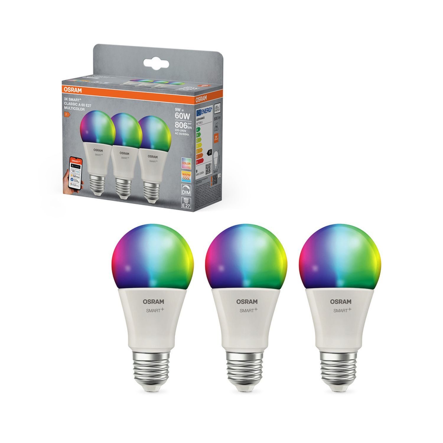 Licht-Erlebnisse LED-Leuchtmittel LAMP, E27, Smart Lampe E27 3er Set RGB CCT 806 lm dimmbar Farbwechsel App