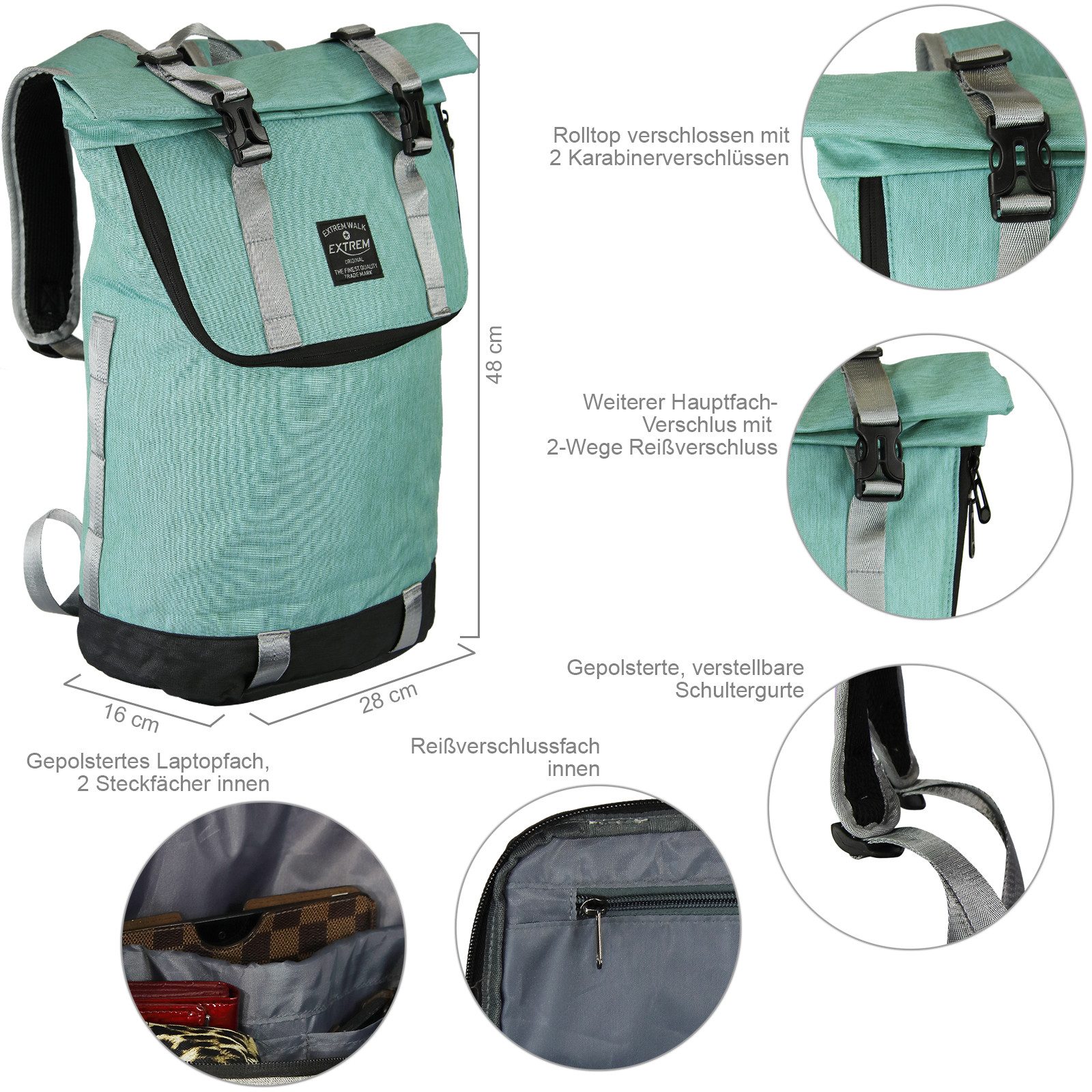 BAG STREET INTERNATIONAL Freizeitrucksack Damen Rolltop-Rucksack Daypack mit Tabletfach, gepolstert, 18 Liter, mit Tabletfach