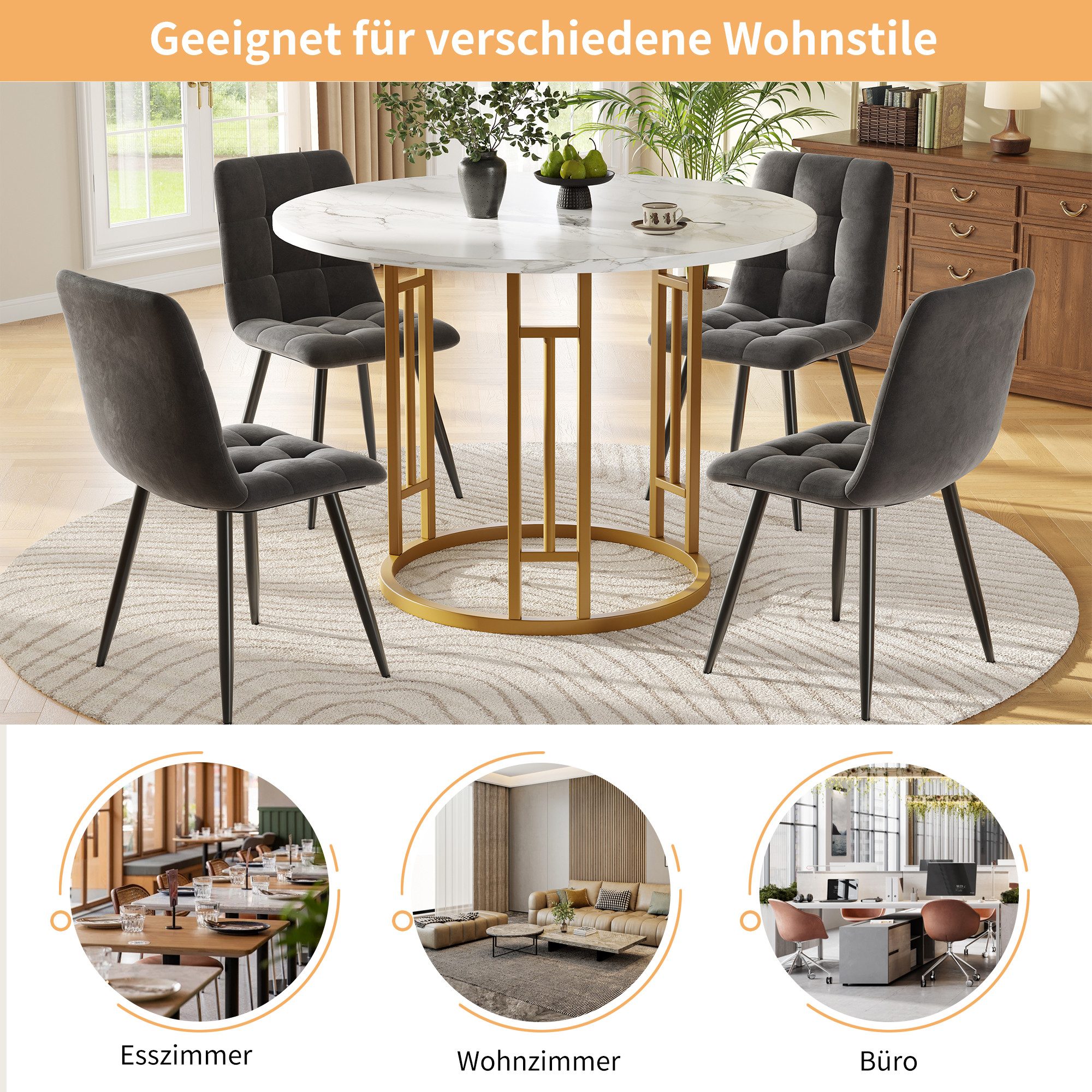 STILVORA Essgruppe 80×80×76cm runder Küchentisch mit MDF-Marmor-Tischplatte,Beistelltisch, (Moderner runder Esstisch 80×80×76 cm mit MDF-Marmor-Tischplatte, verstellbaren Metallbeinen & hoher Tragfähigkeit., 1-tlg)