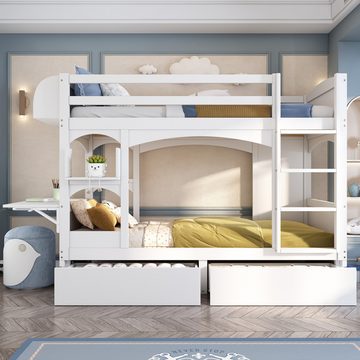 Flieks Etagenbett, Kinderbett mit klappbarem Schreibtisch, Regal, 2 Schubladen 90x200cm