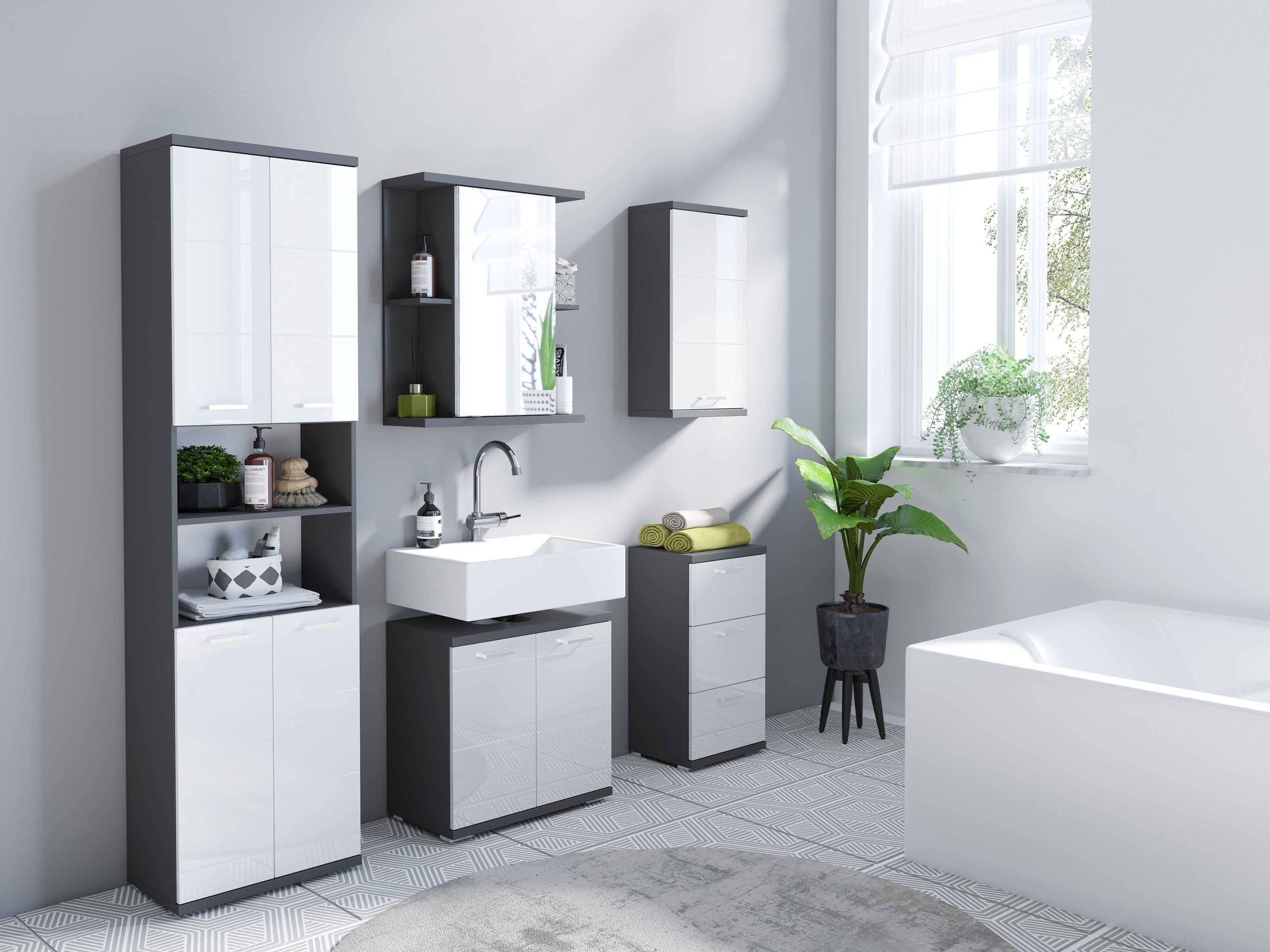 byLIVING Waschbeckenunterschrank Nebraska Breite 60 cm, mit Hochglanzlackierung und verchromten Metallgriffen – Bild 5 von 5