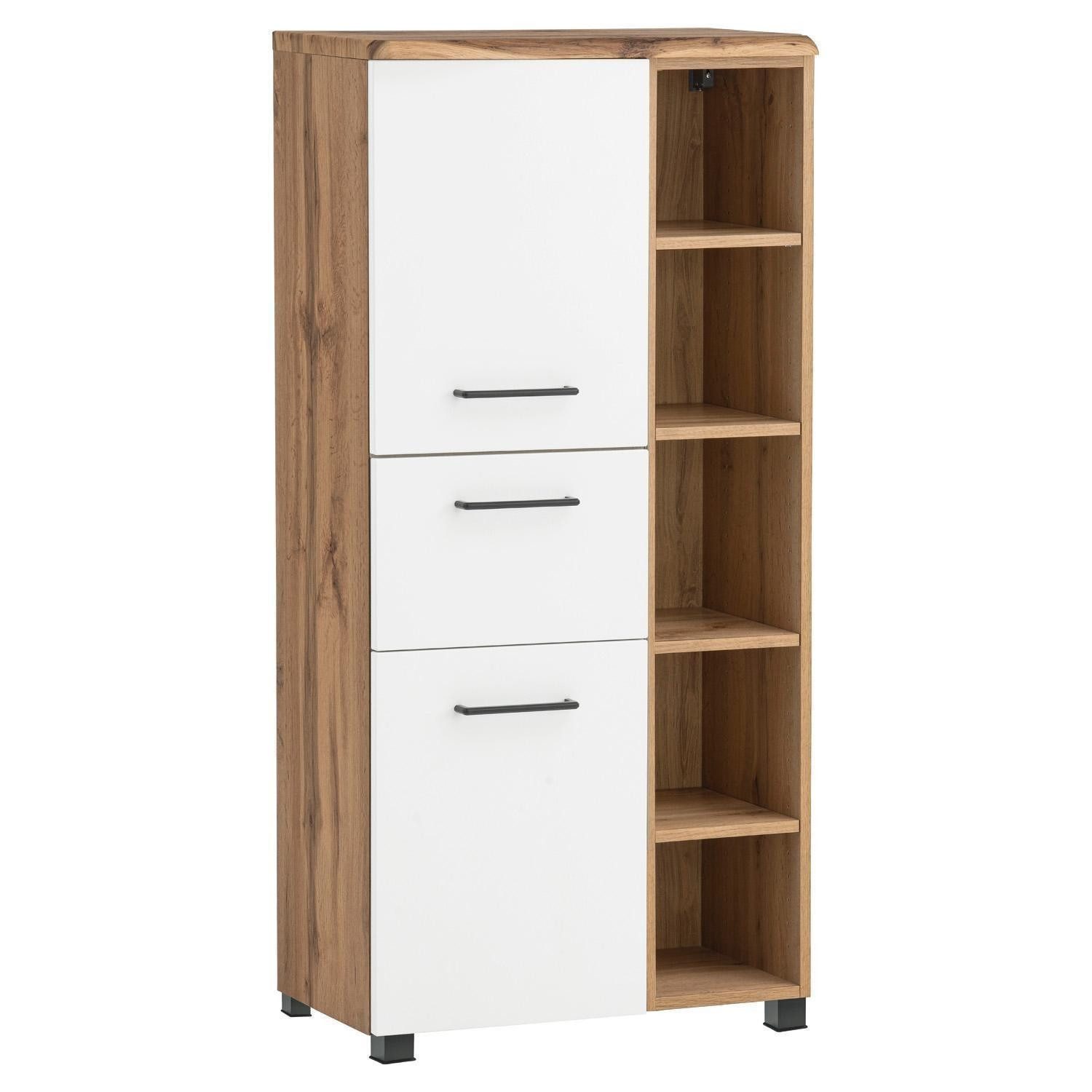 Vito Midischrank KEYTO, 2 Türen, 1 Schublade, Wotan Eiche Dekor, Weiß matt, B 65 x H 130 x T 35 cm