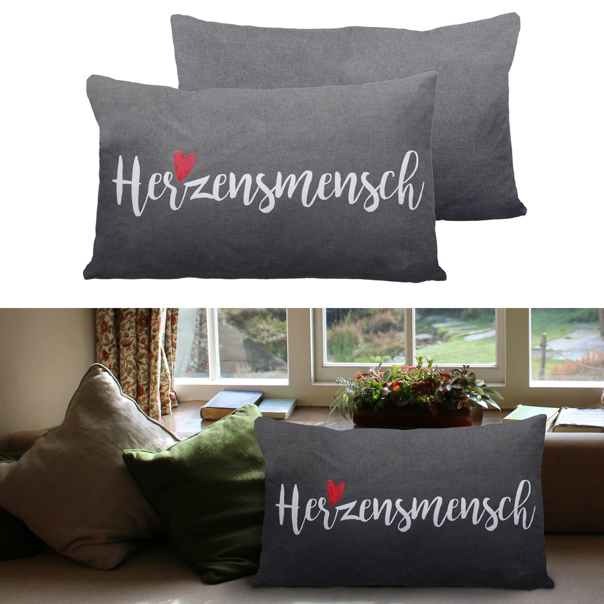 CEPEWA Dekokissen Kissen Herzensmensch Sofakissen mit Herz in grau