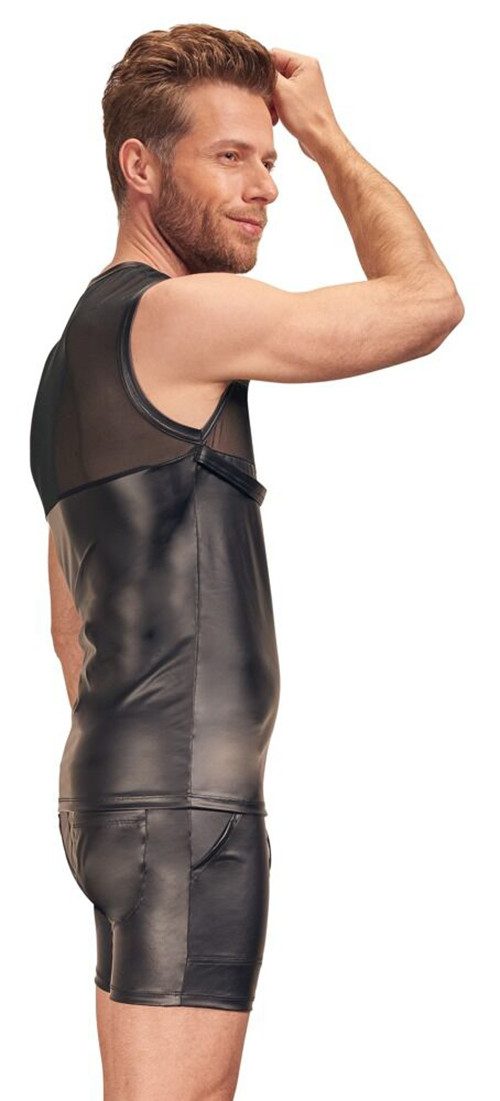 NEK Muskelshirt Ärmelloses Shirt halb transparent halb Mattlook - schwarz (1-tlg) Front mit aufgestepptem Brust-Harness